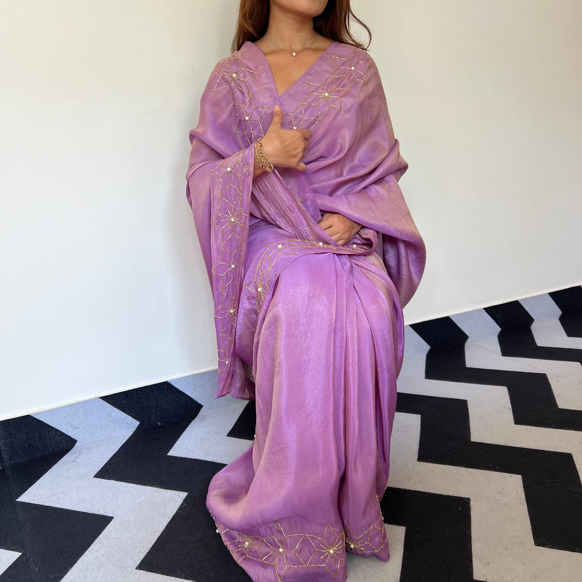 One Minute Ready To Wear Starry Violet Tissue Saree With Stitch Blouse