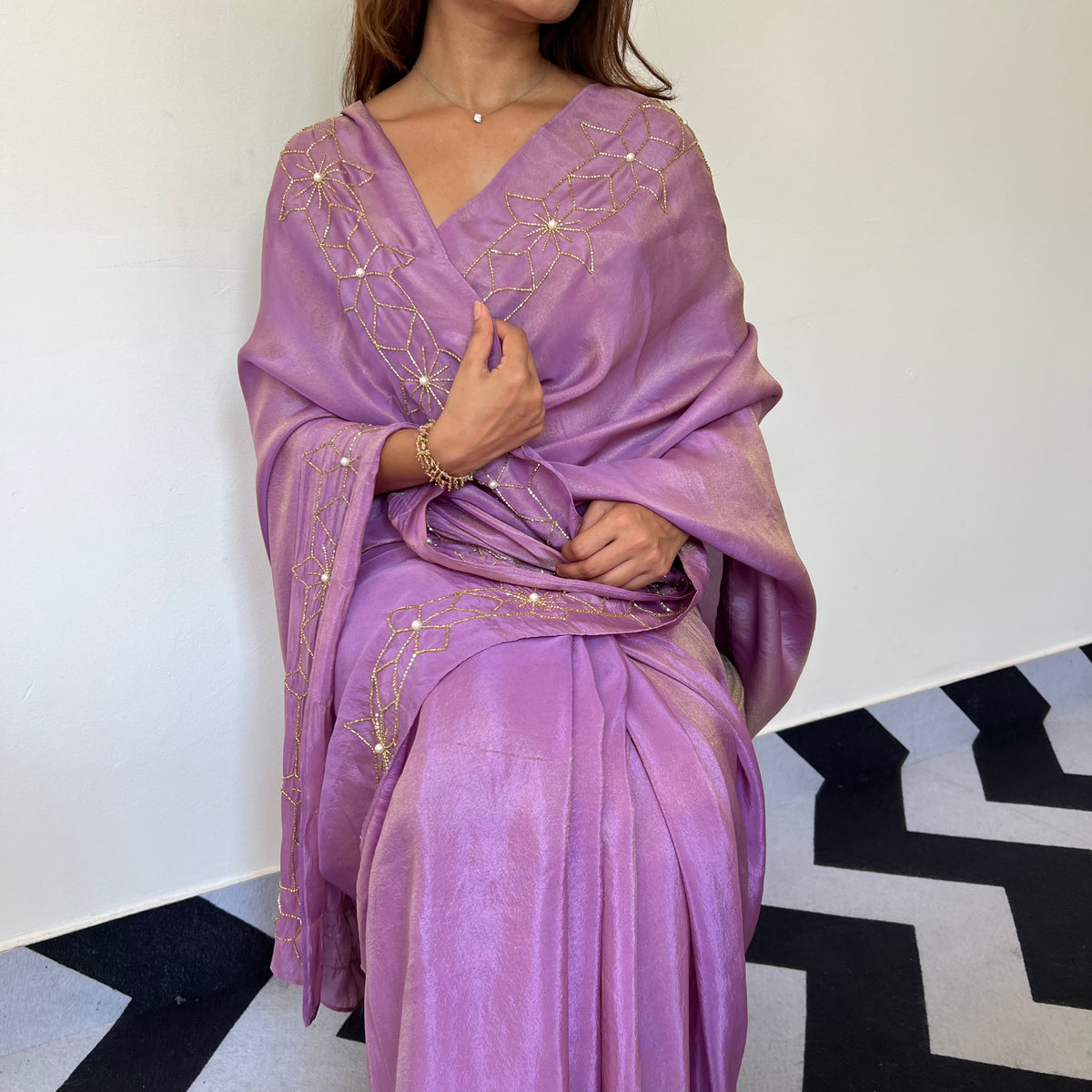 One Minute Ready To Wear Starry Violet Tissue Saree With Stitch Blouse