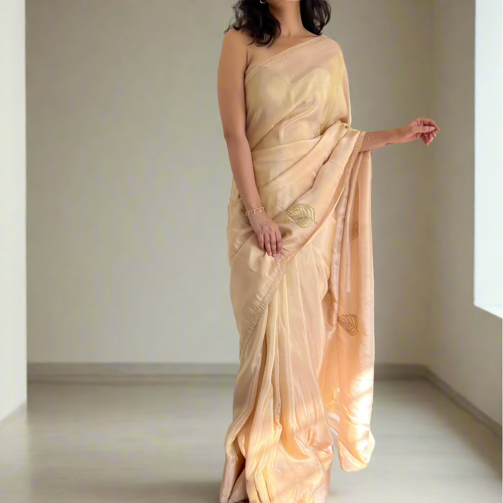 One Minute Ready To Wear Beige Color Satin Saree With Stitch Blouse