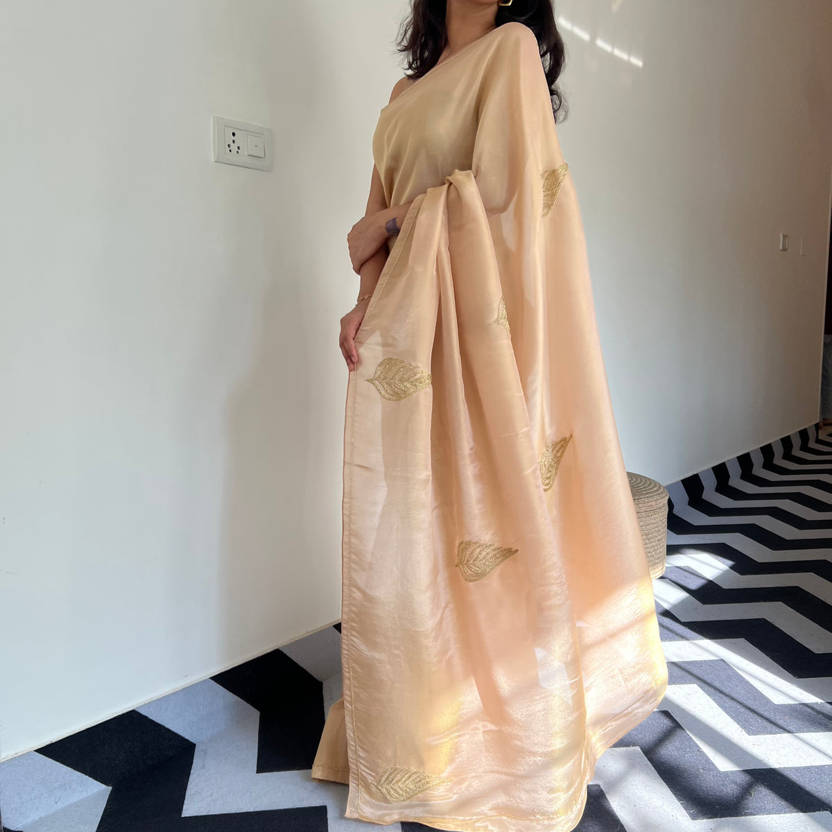 One Minute Ready To Wear Beige Color Satin Saree With Stitch Blouse