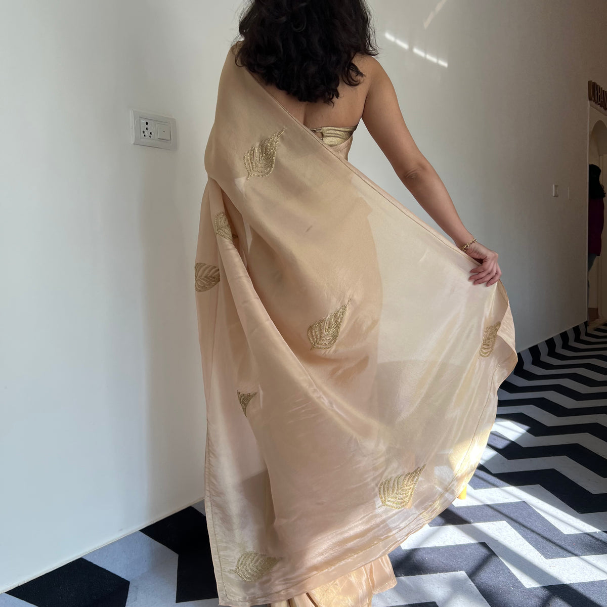 One Minute Ready To Wear Beige Color Satin Saree With Stitch Blouse