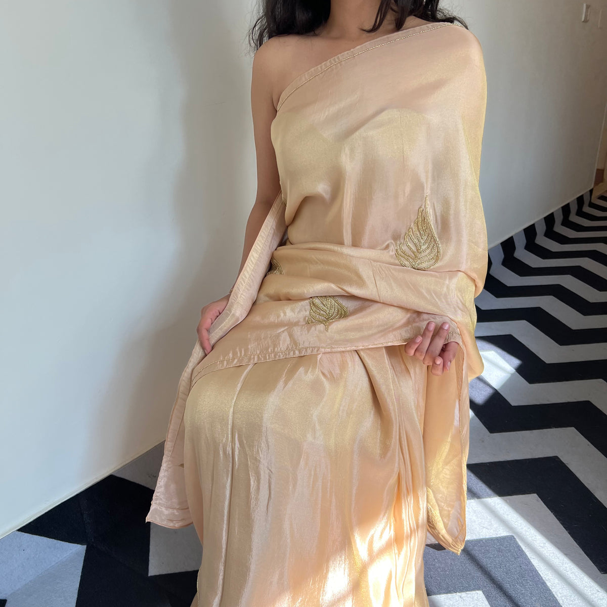 One Minute Ready To Wear Beige Color Satin Saree With Stitch Blouse