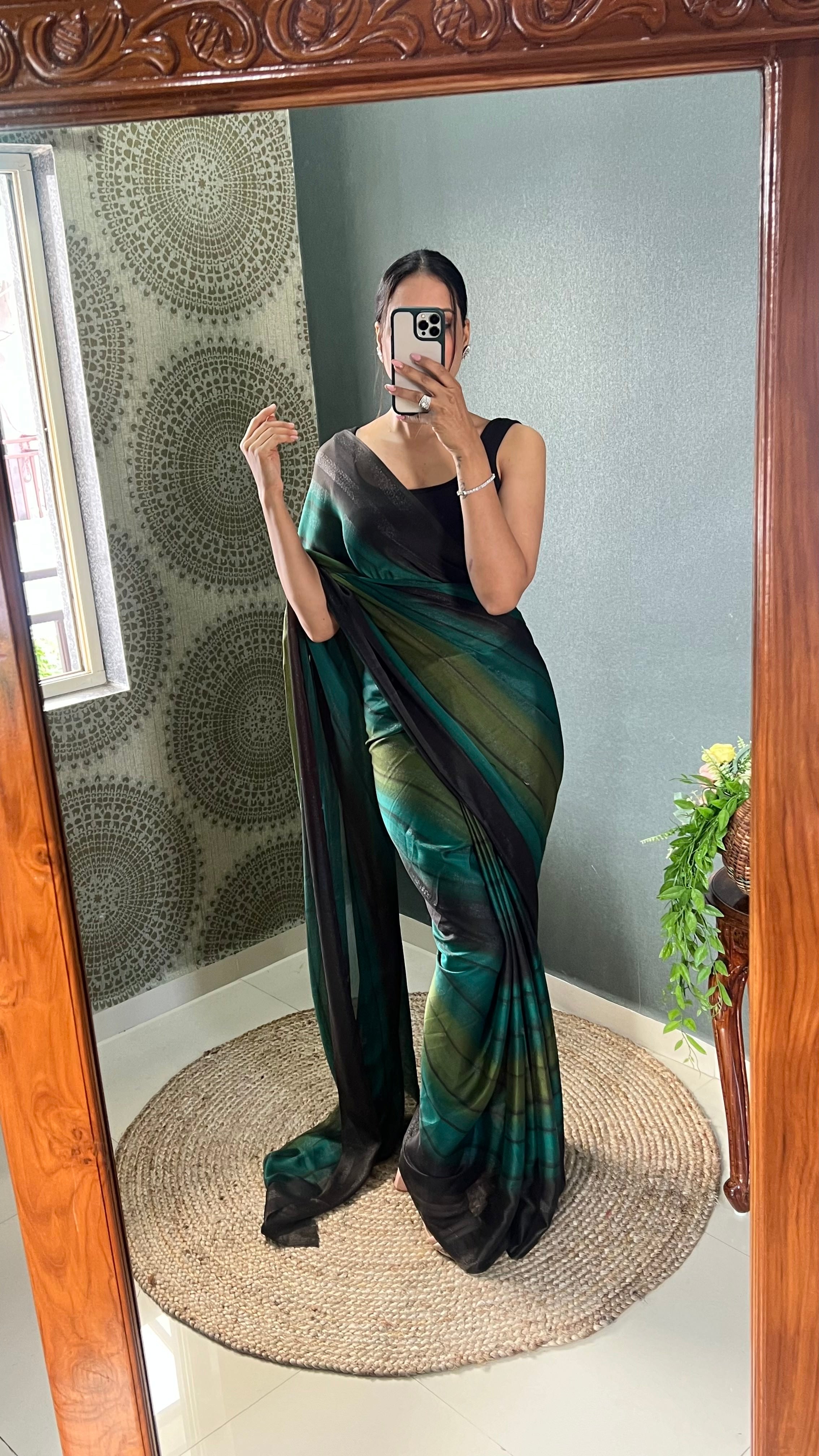 One Minute Ready To Wear New Green & Black Bollywood Georgette Sequince Saree