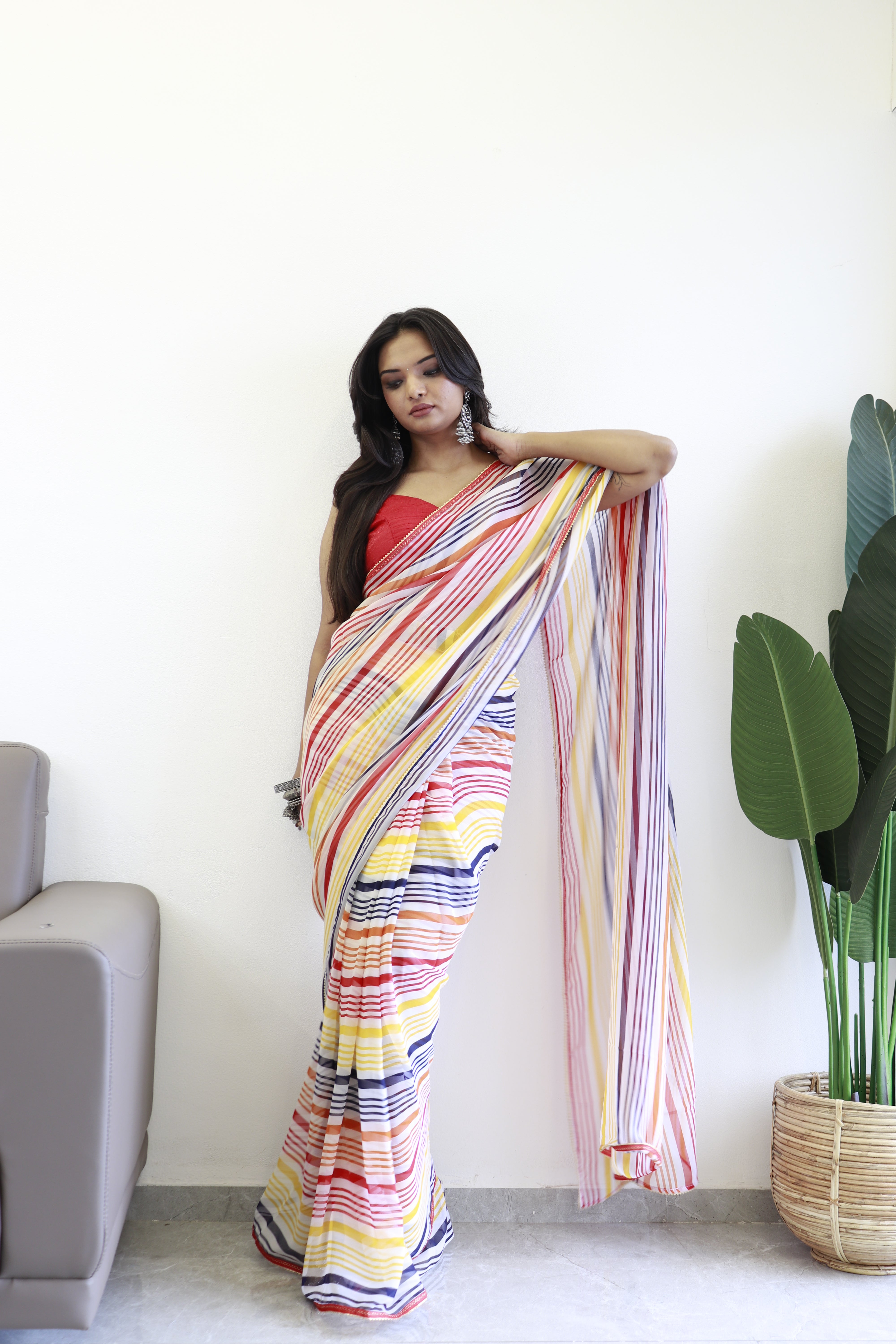 One Minute Ready To Wear Printed Red & Yellow Georgette Saree