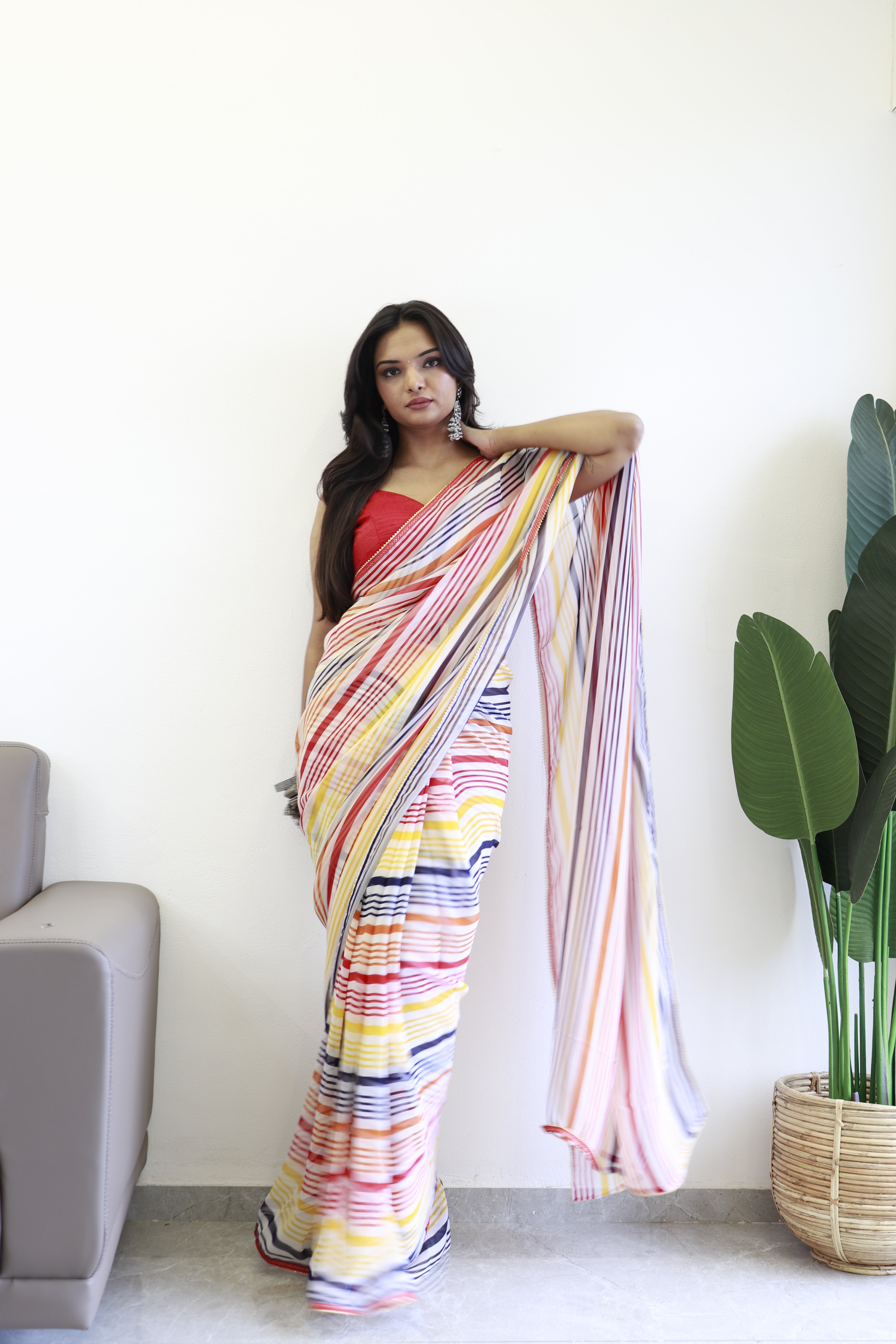 One Minute Ready To Wear Printed Red & Yellow Georgette Saree