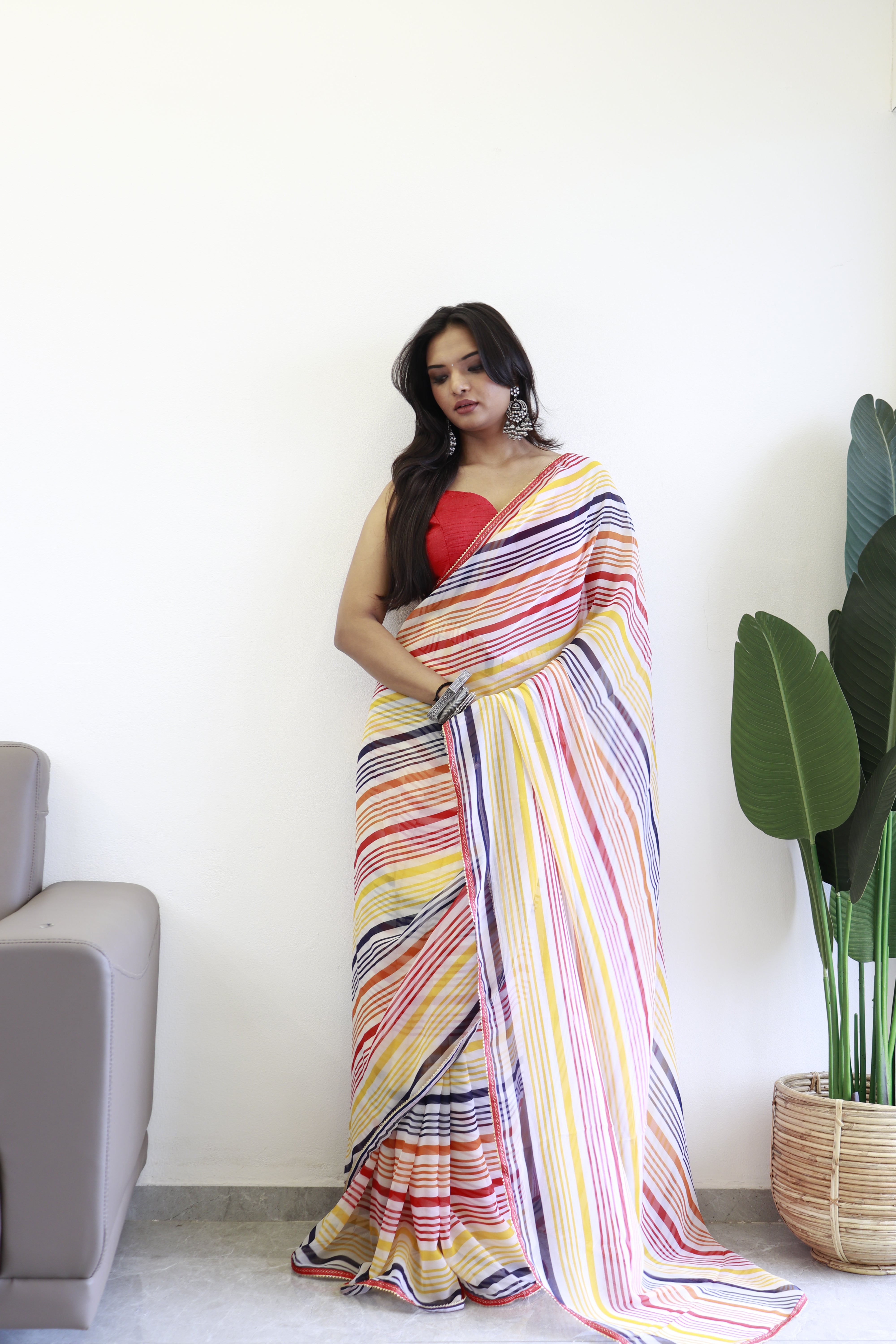 One Minute Ready To Wear Printed Red & Yellow Georgette Saree