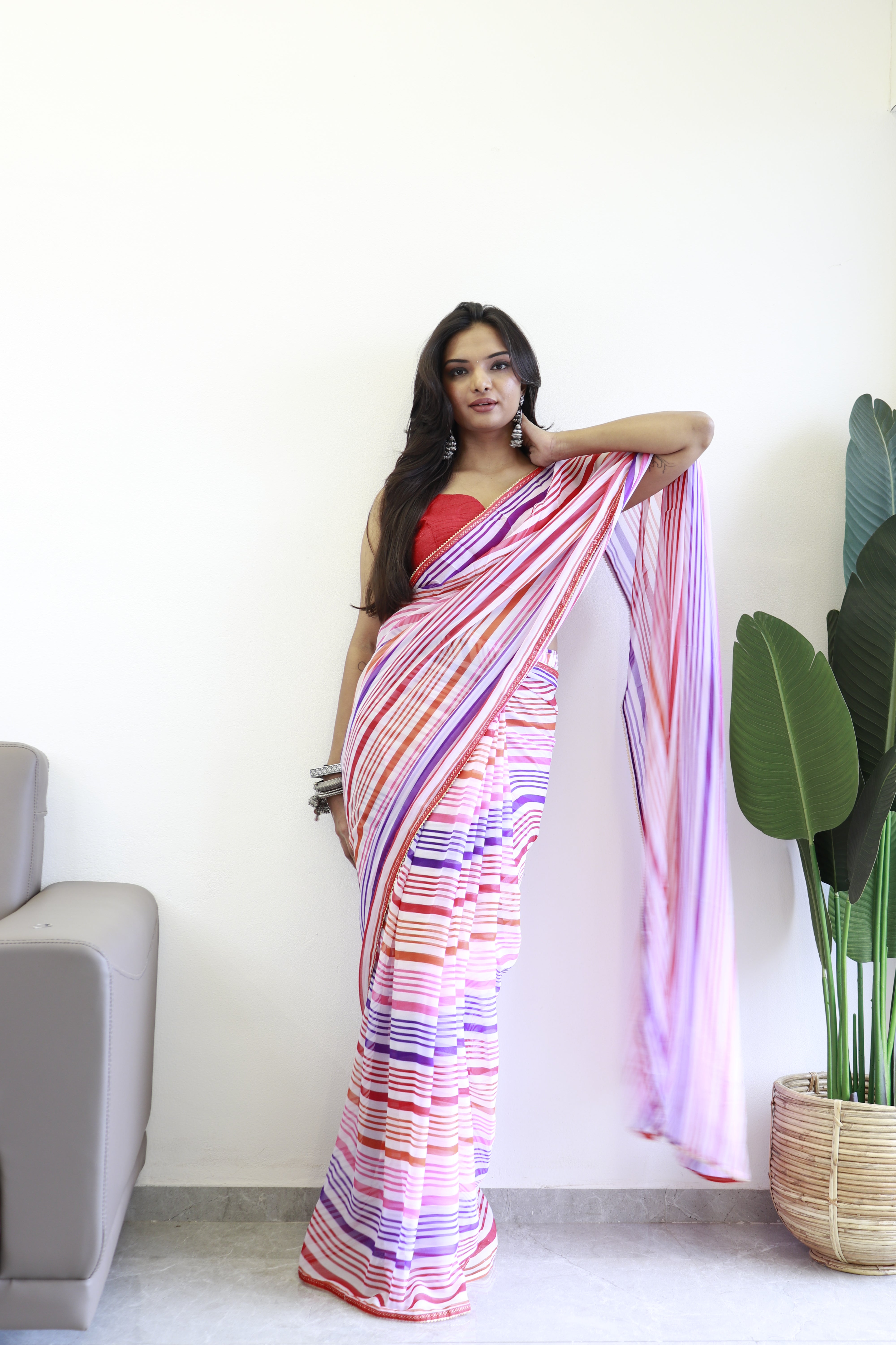 One Minute Ready To Wear Printed Multi Colour Georgette Saree