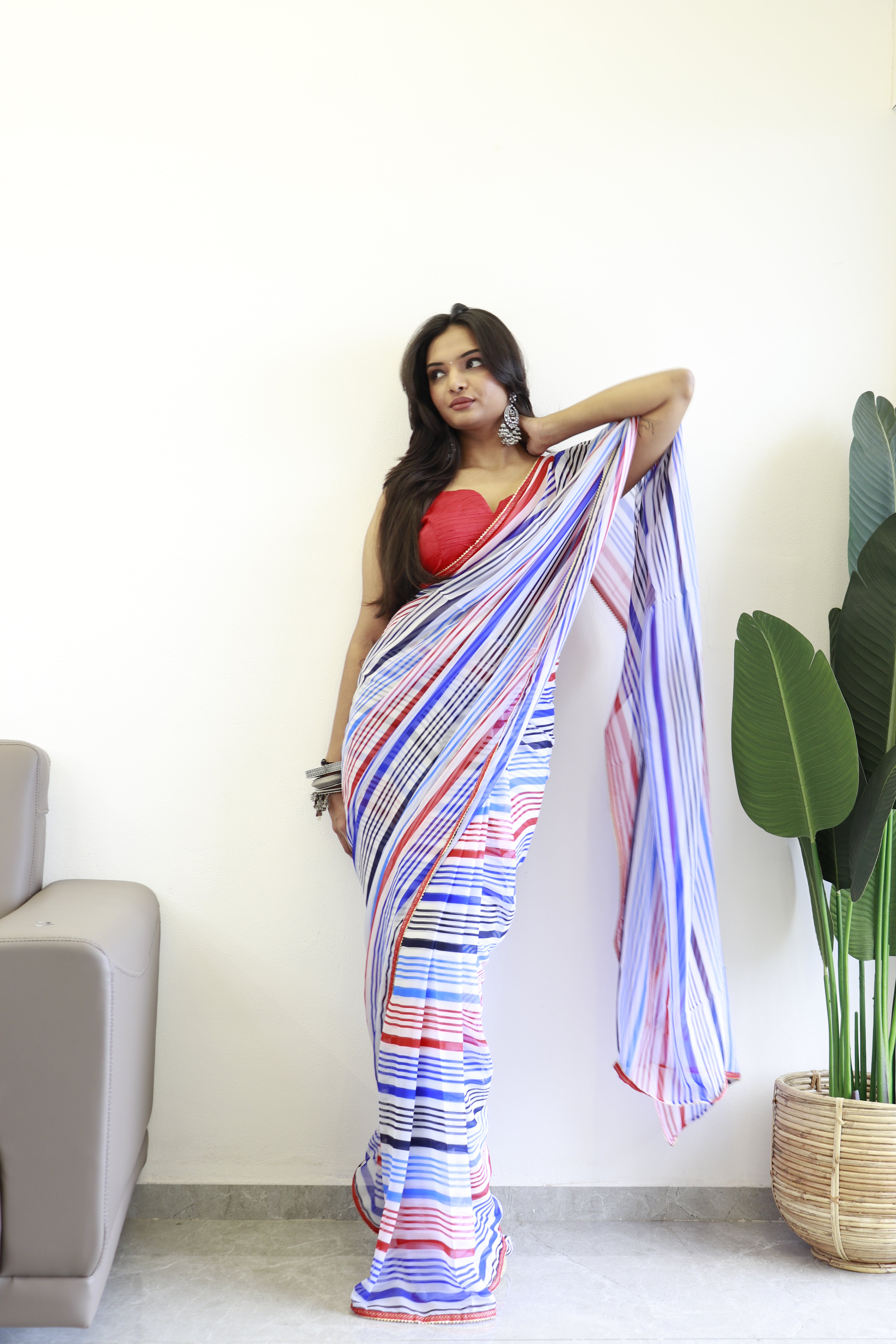 One Minute Ready To Wear Printed Blue & Red Georgette Saree