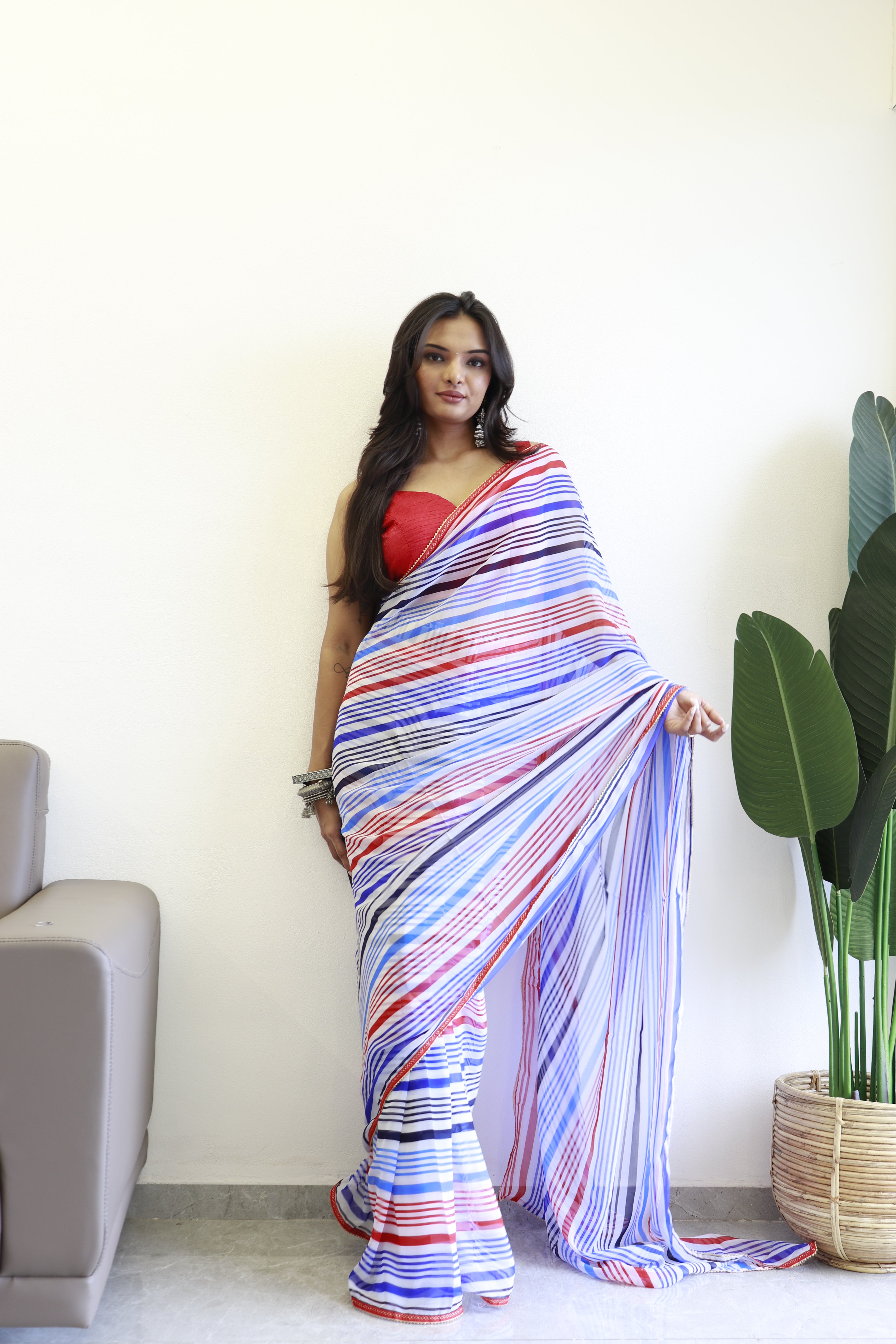 One Minute Ready To Wear Printed Blue & Red Georgette Saree