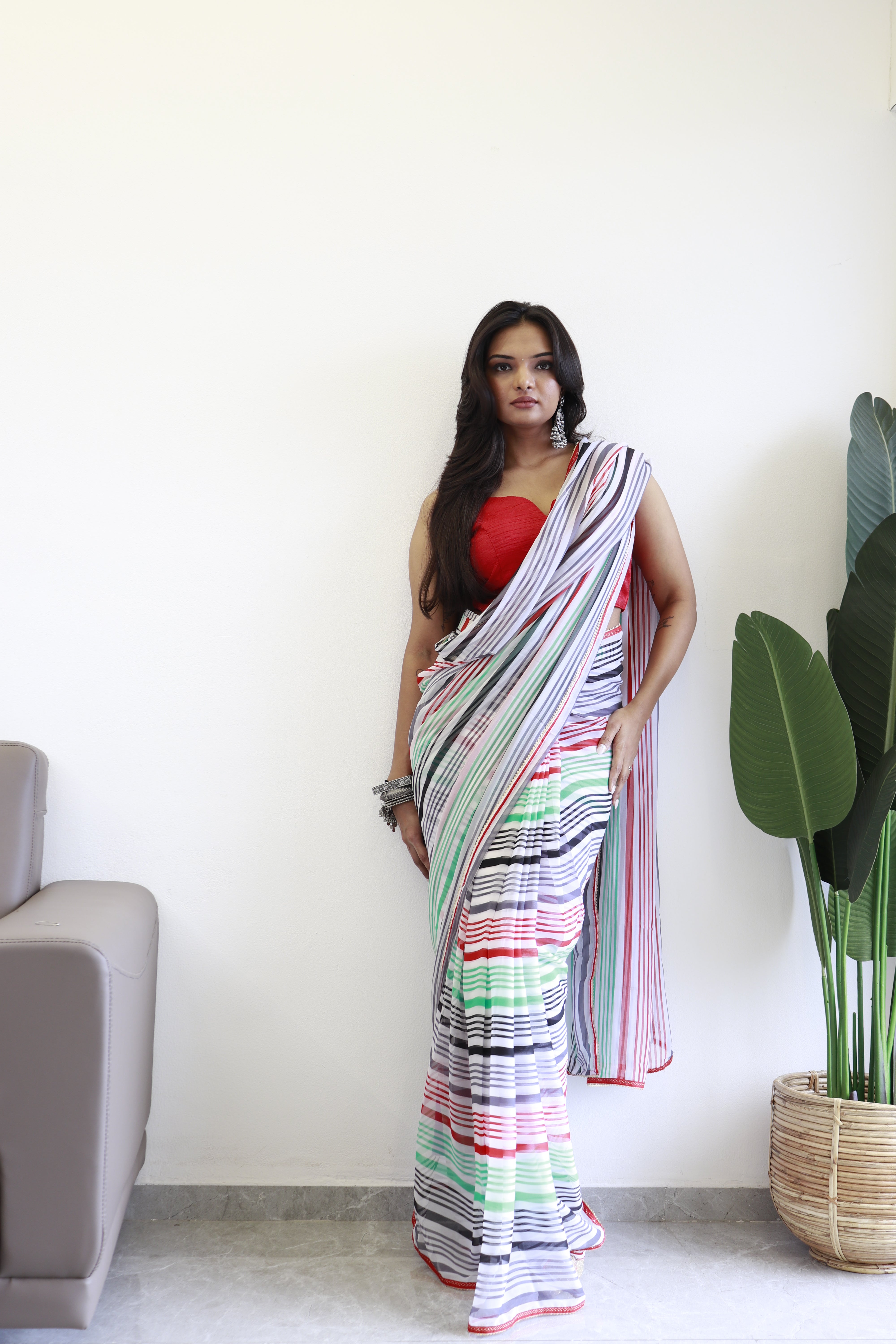 One Minute Ready To Wear Printed Seafoam Green & Red Georgette Saree