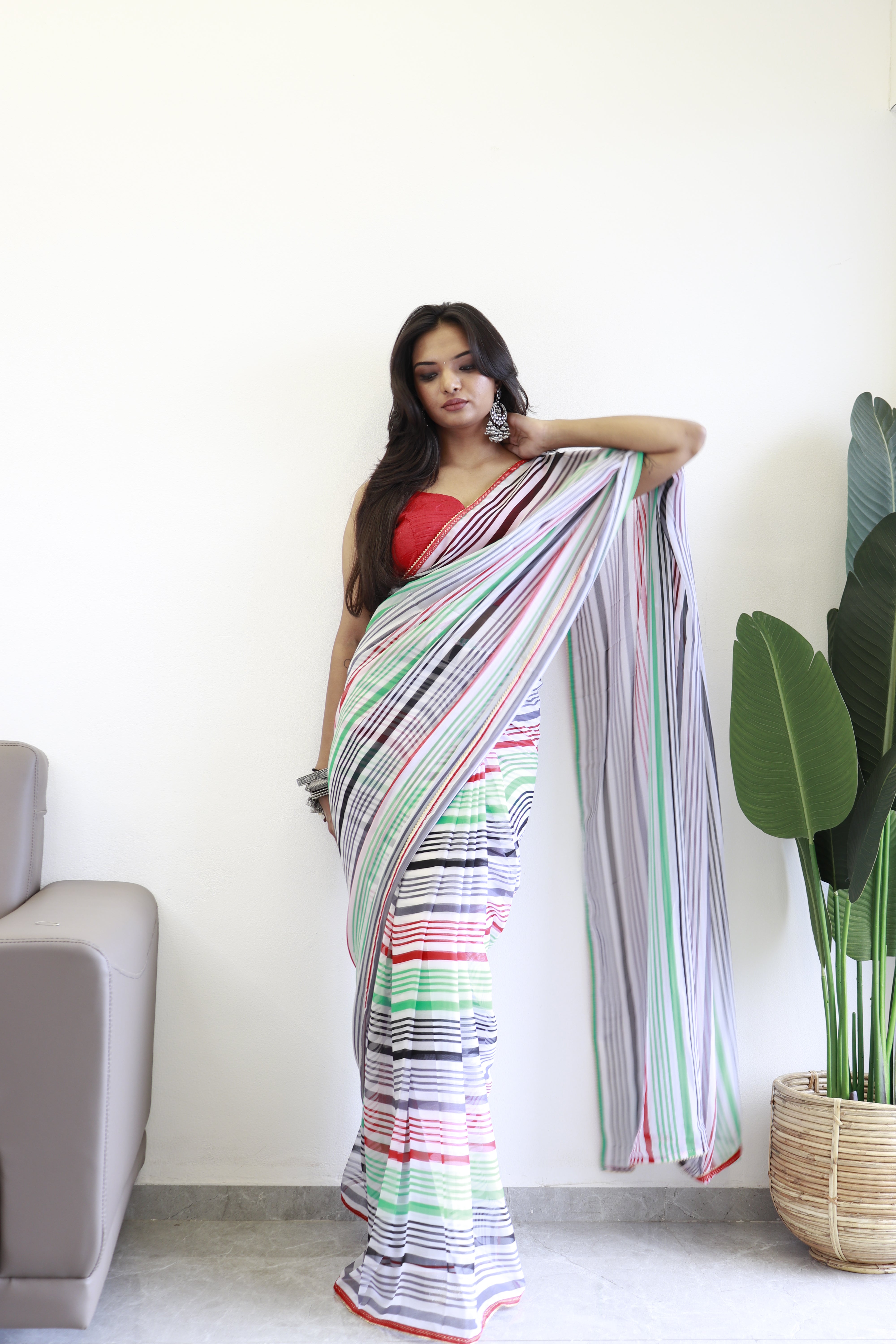 One Minute Ready To Wear Printed Seafoam Green & Red Georgette Saree