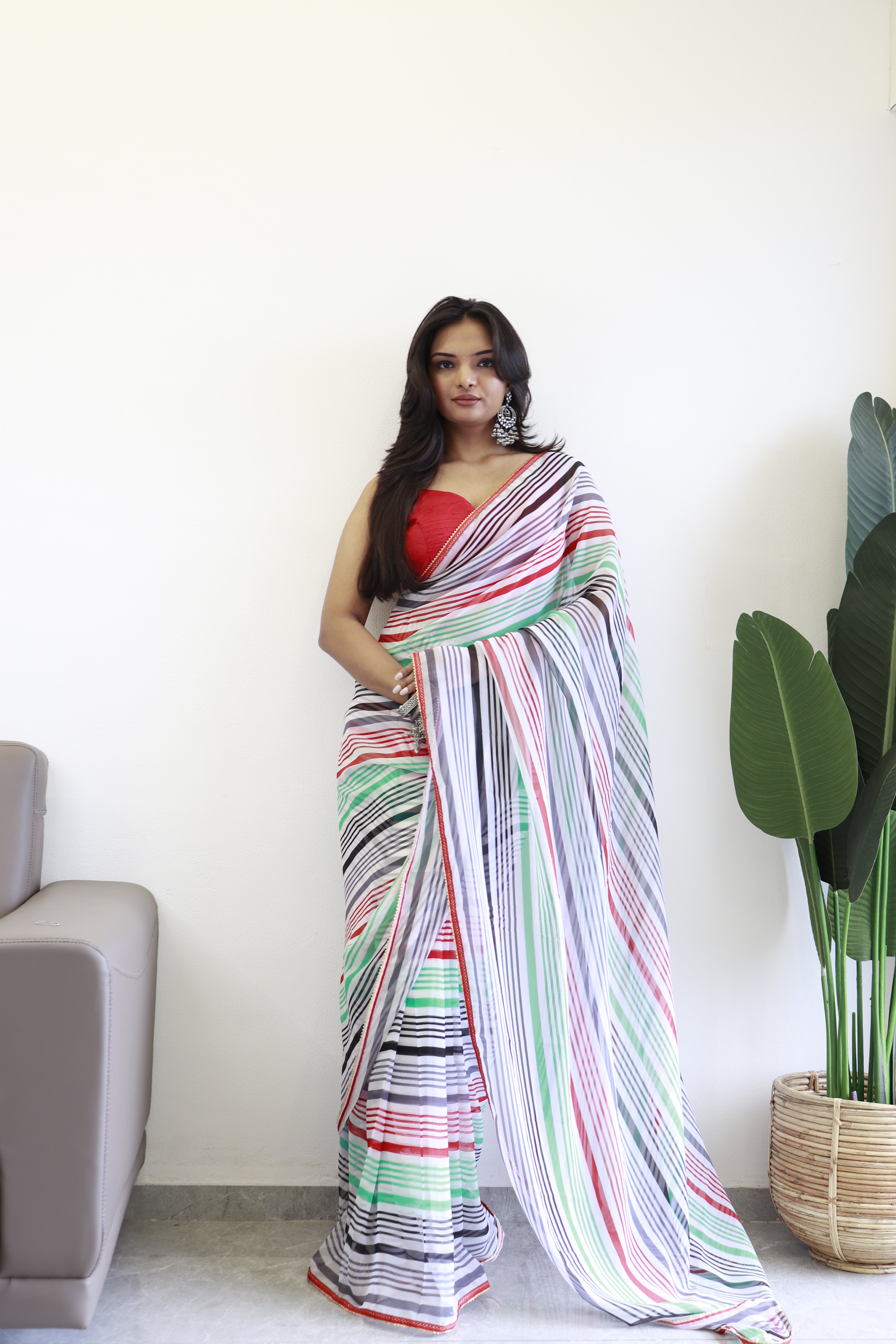 One Minute Ready To Wear Printed Seafoam Green & Red Georgette Saree