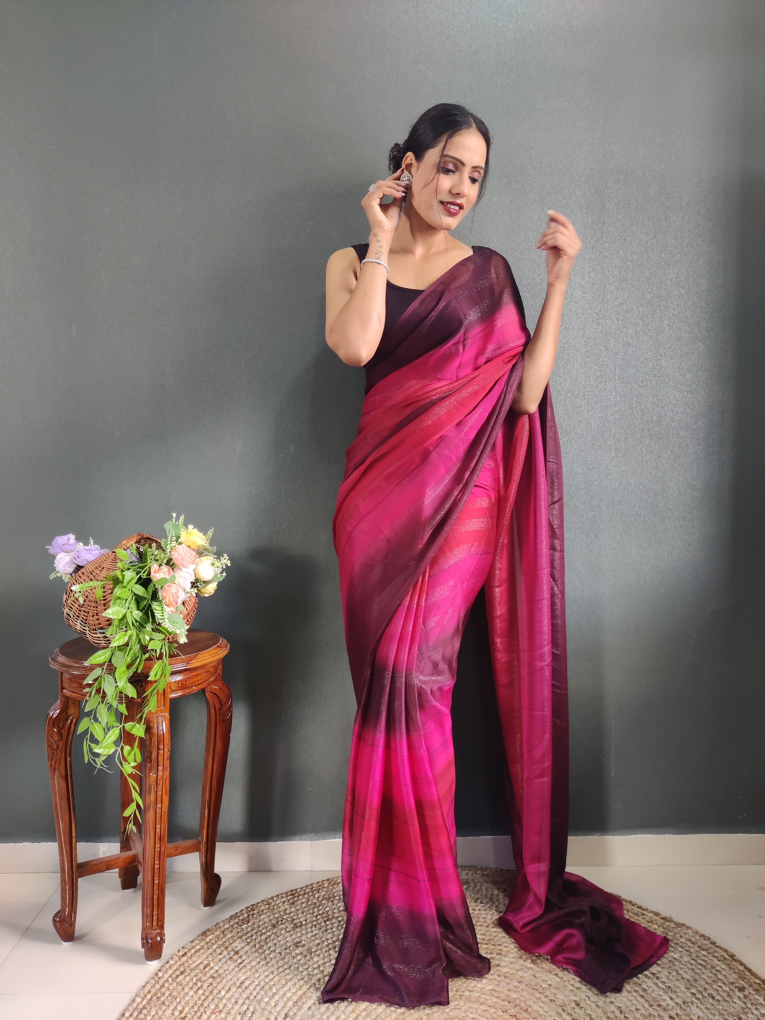 One Minute Ready To Wear New Pink & Red Bollywood Georgette Sequince Saree