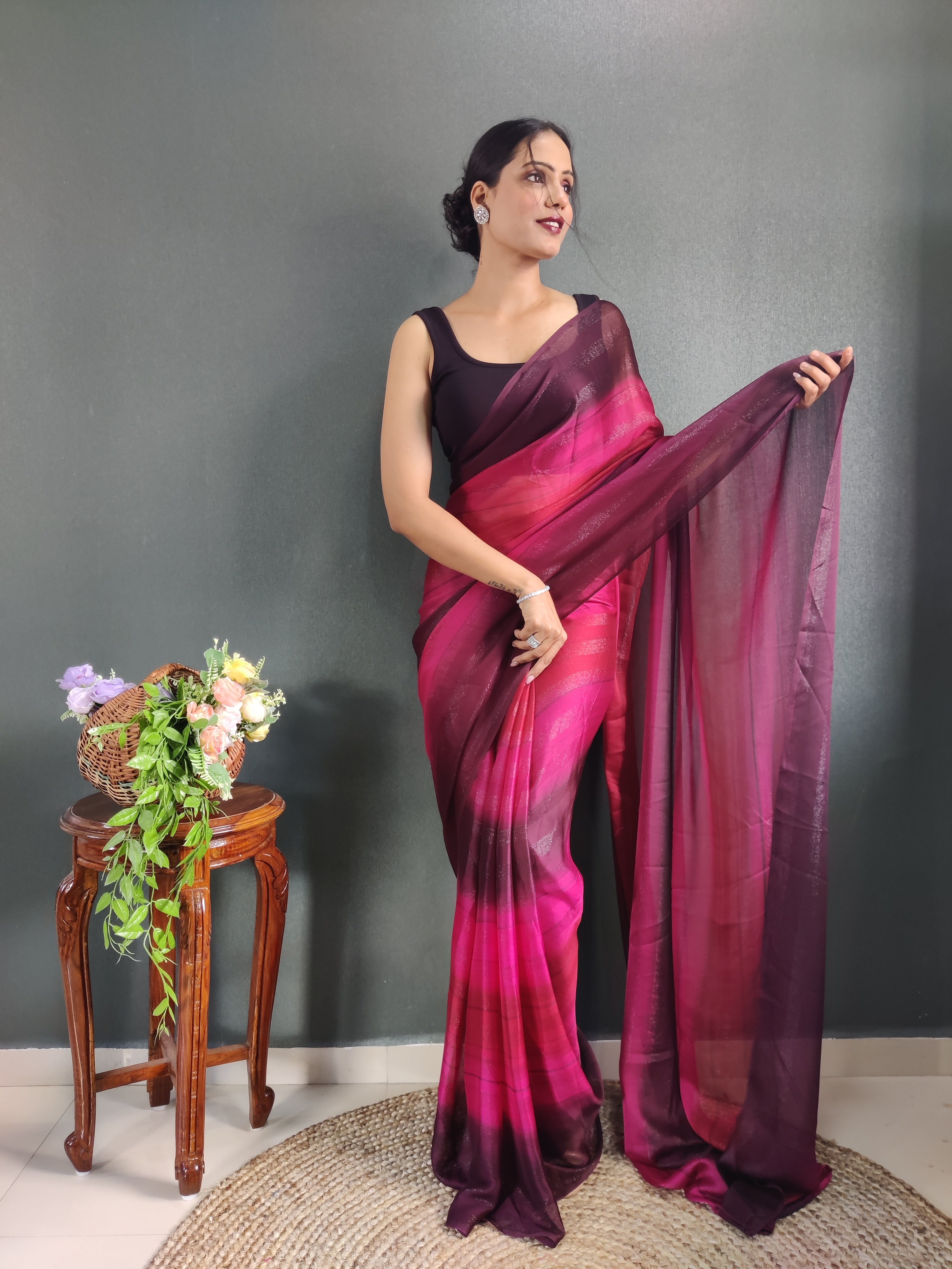 One Minute Ready To Wear New Pink & Red Bollywood Georgette Sequince Saree