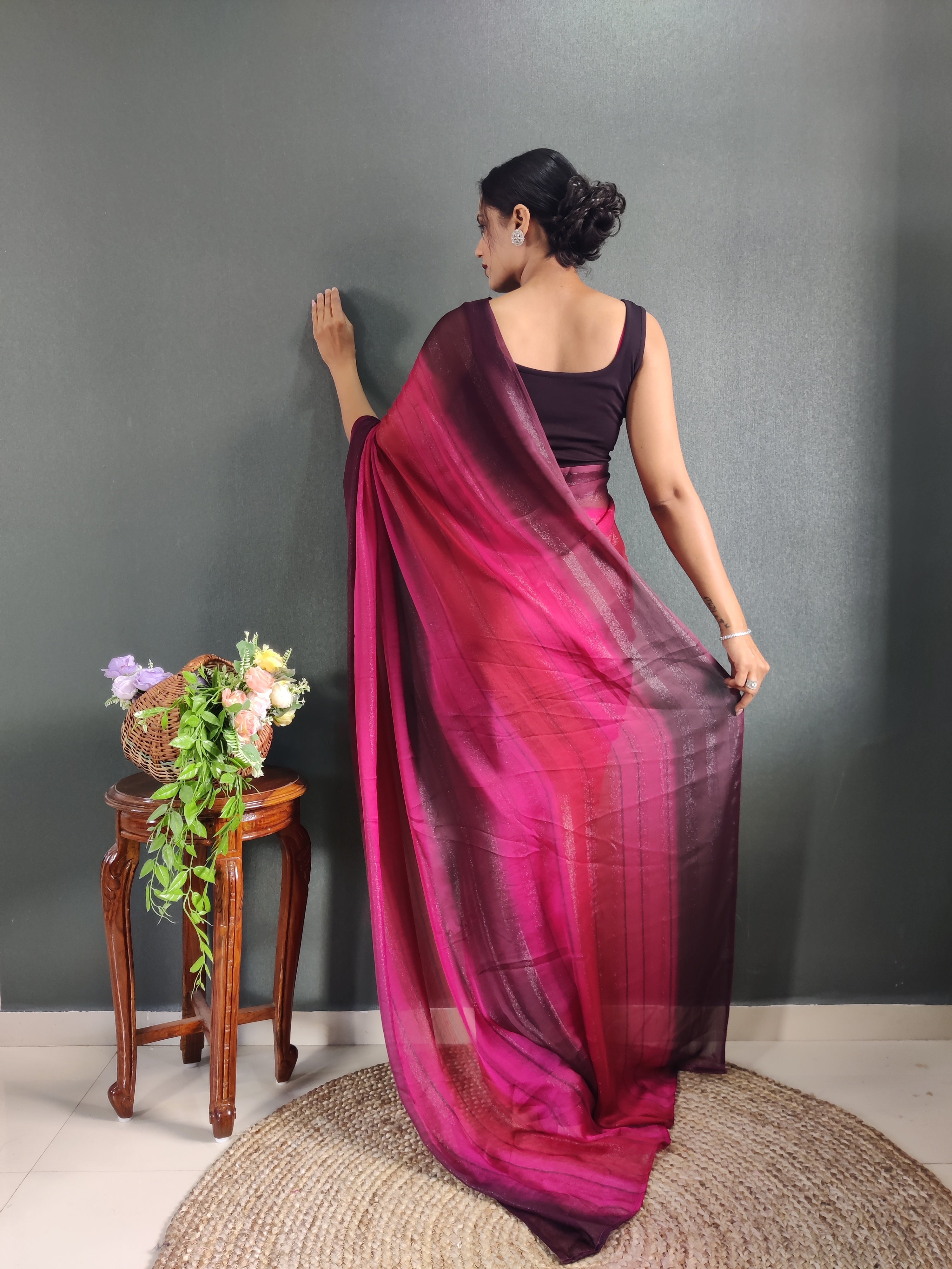 One Minute Ready To Wear New Pink & Red Bollywood Georgette Sequince Saree
