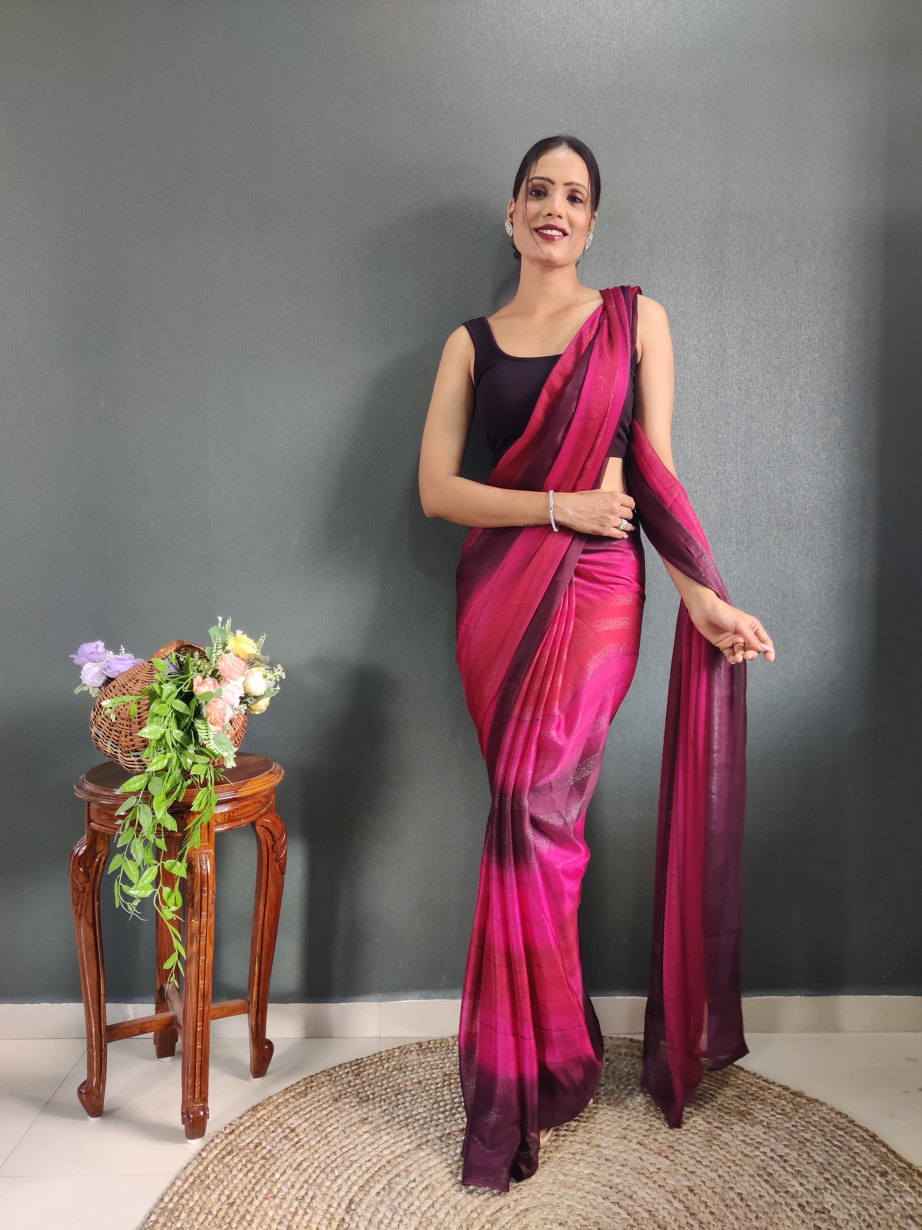 One Minute Ready To Wear New Pink & Red Bollywood Georgette Sequince Saree
