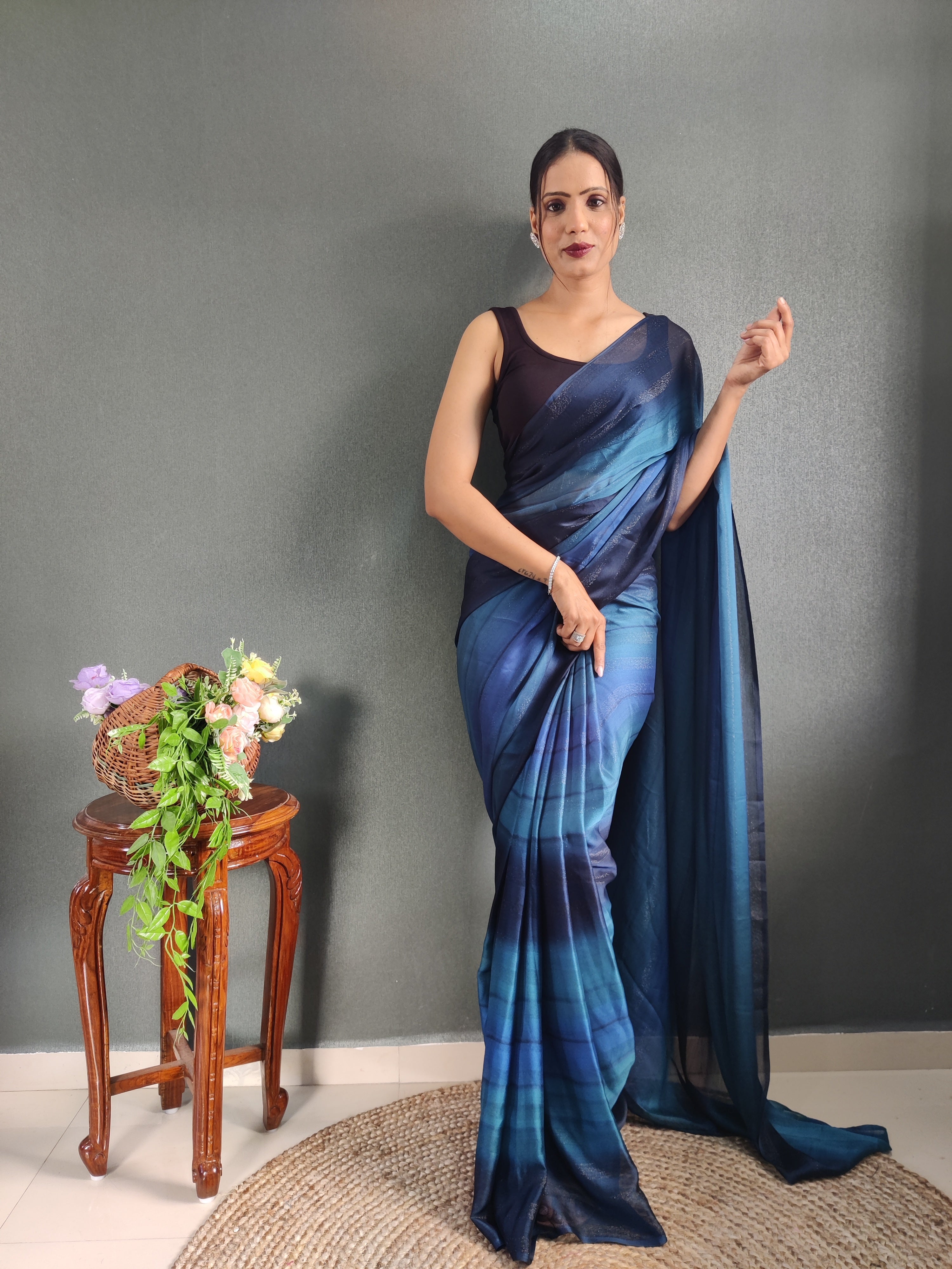 One Minute Ready To Wear New Blue Bollywood Georgette Sequince Saree