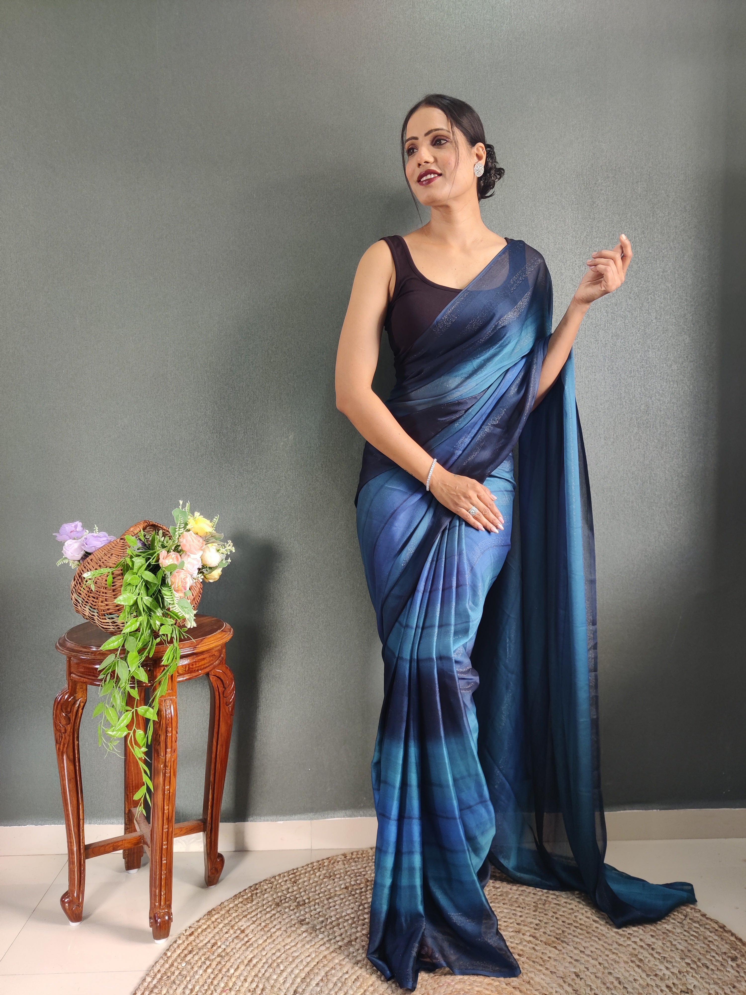 One Minute Ready To Wear New Blue Bollywood Georgette Sequince Saree