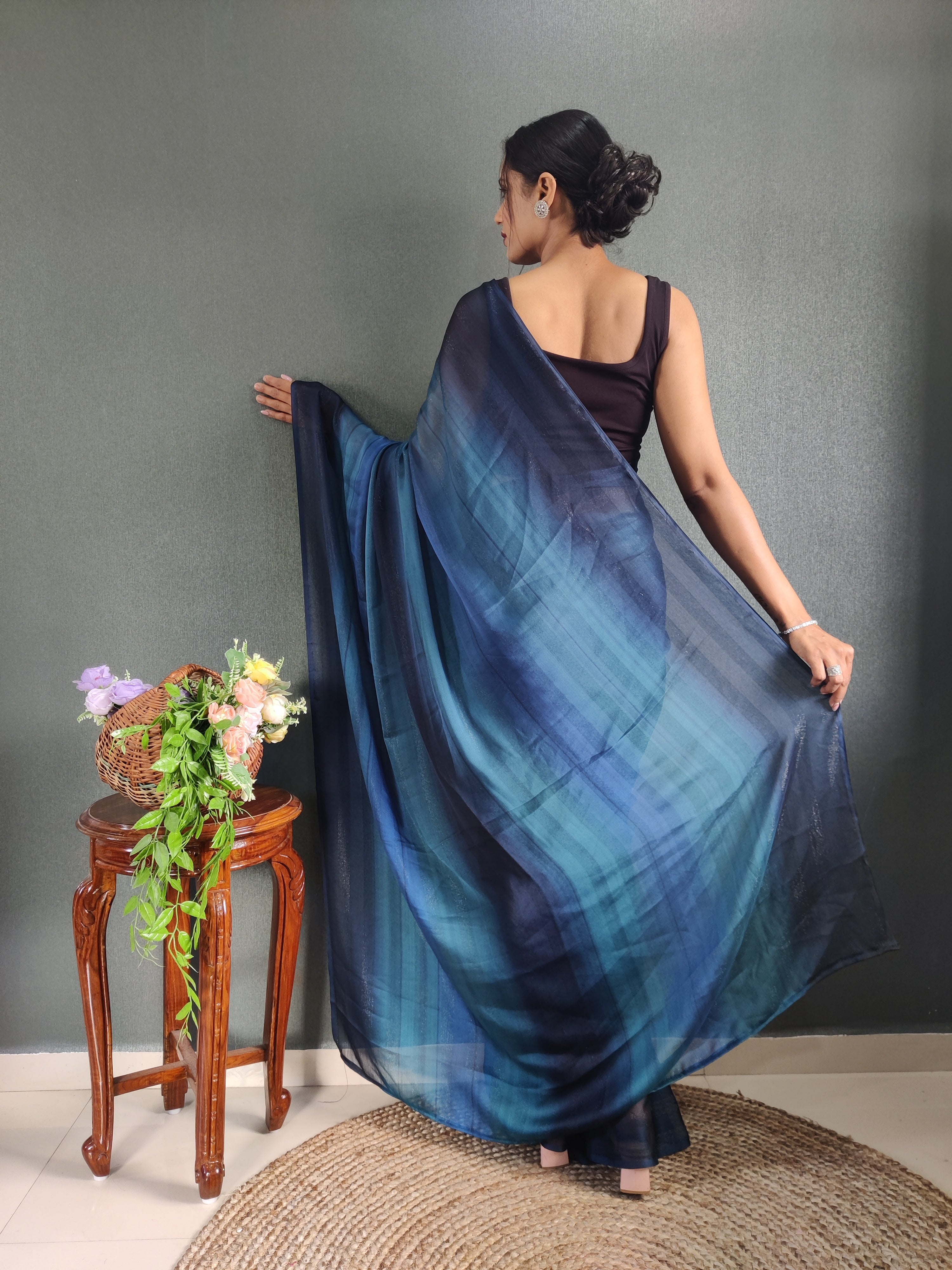 One Minute Ready To Wear New Blue Bollywood Georgette Sequince Saree