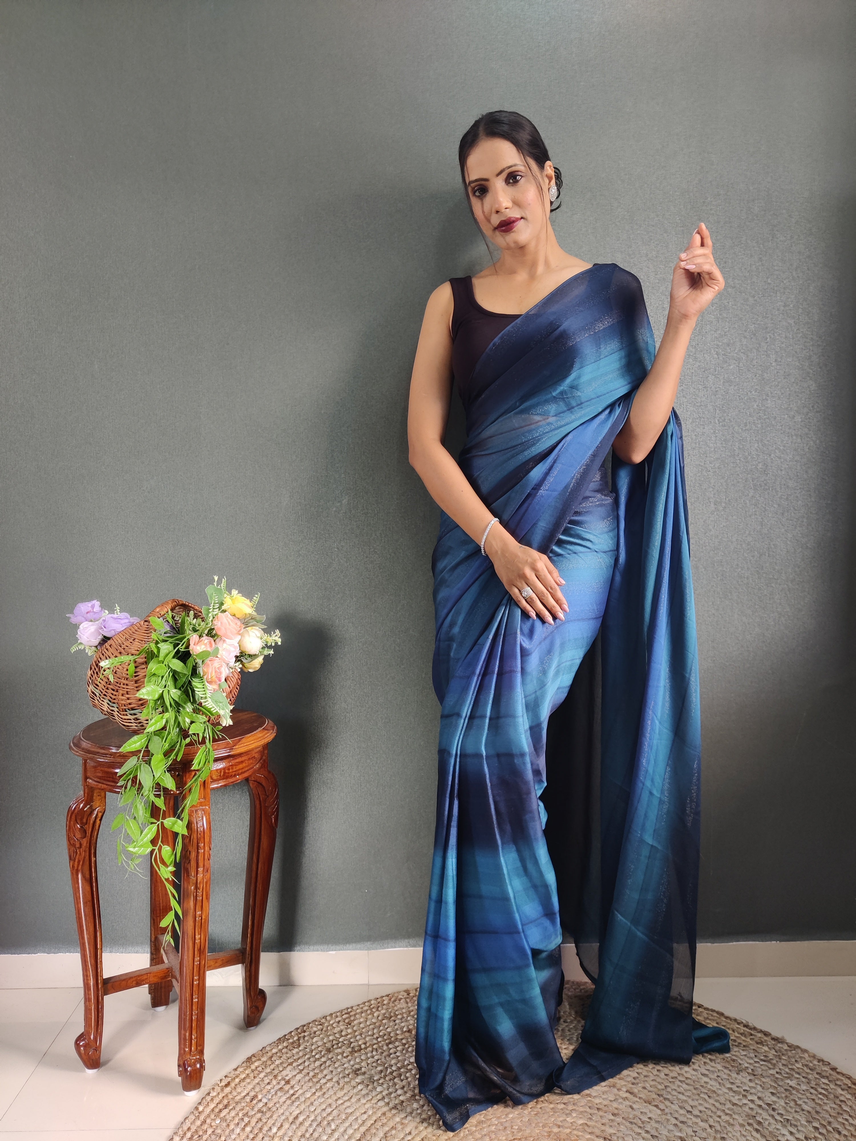 One Minute Ready To Wear New Blue Bollywood Georgette Sequince Saree