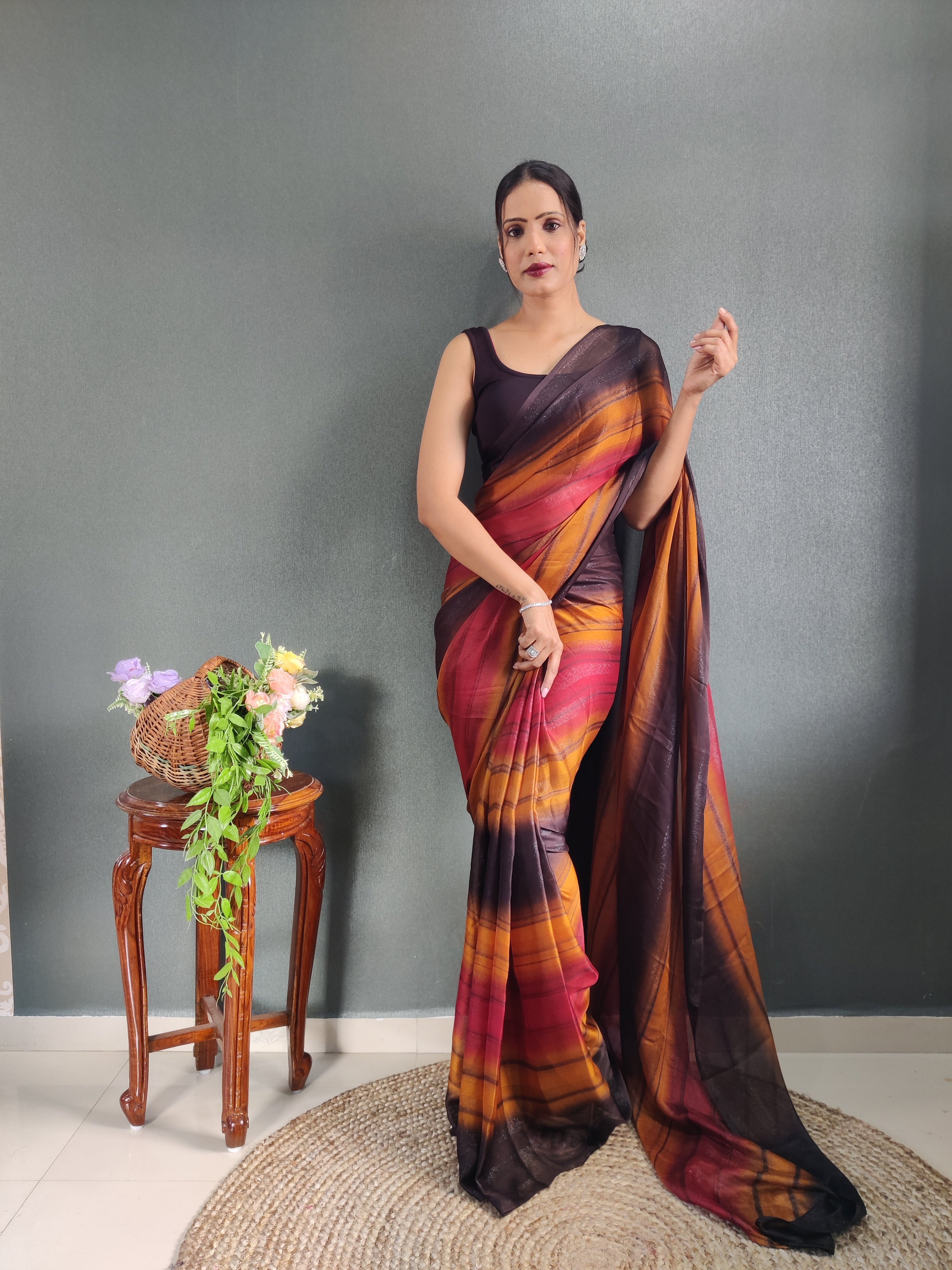 One Minute Ready To Wear New Orange & Brown Bollywood Georgette Sequince Saree