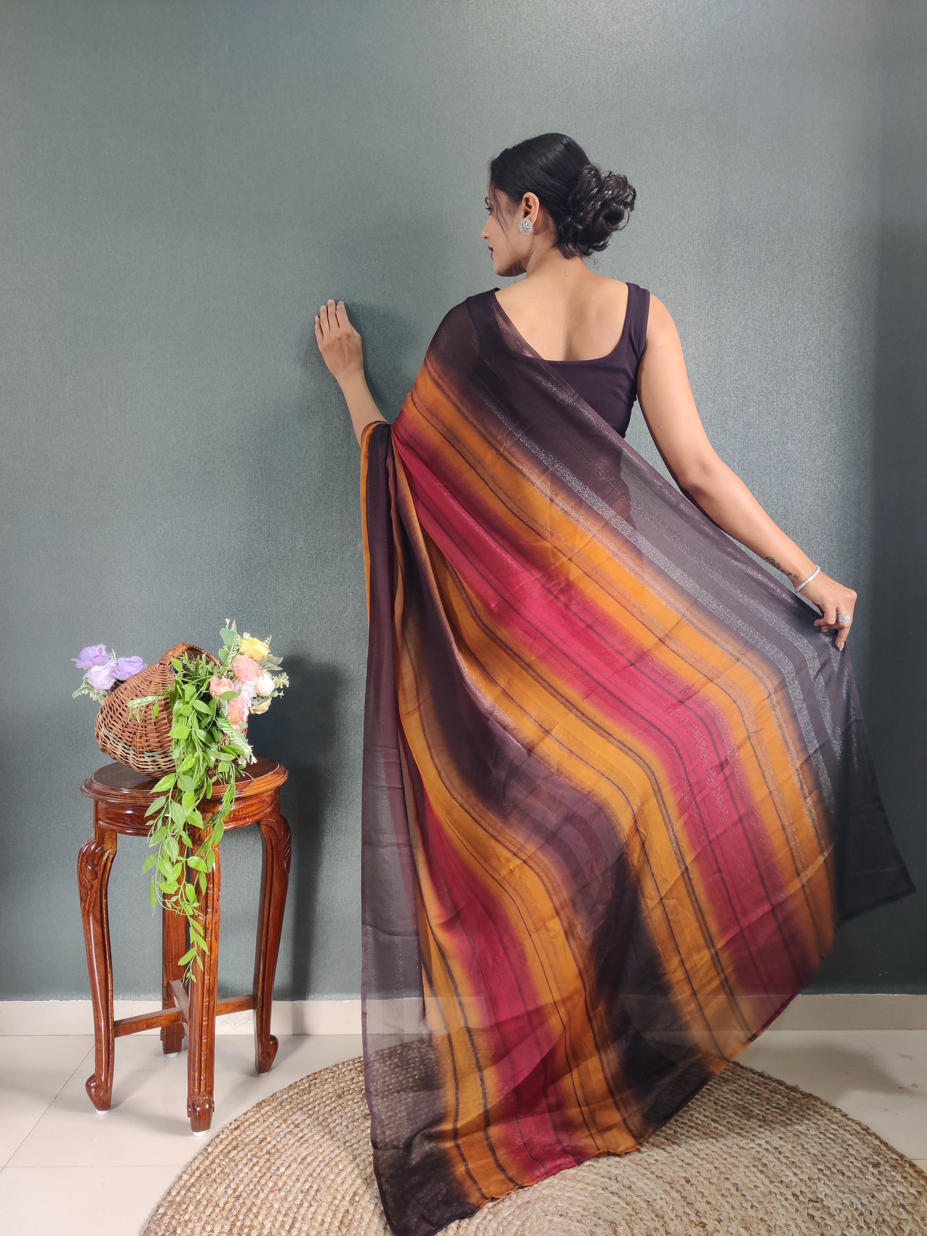 One Minute Ready To Wear New Orange & Brown Bollywood Georgette Sequince Saree