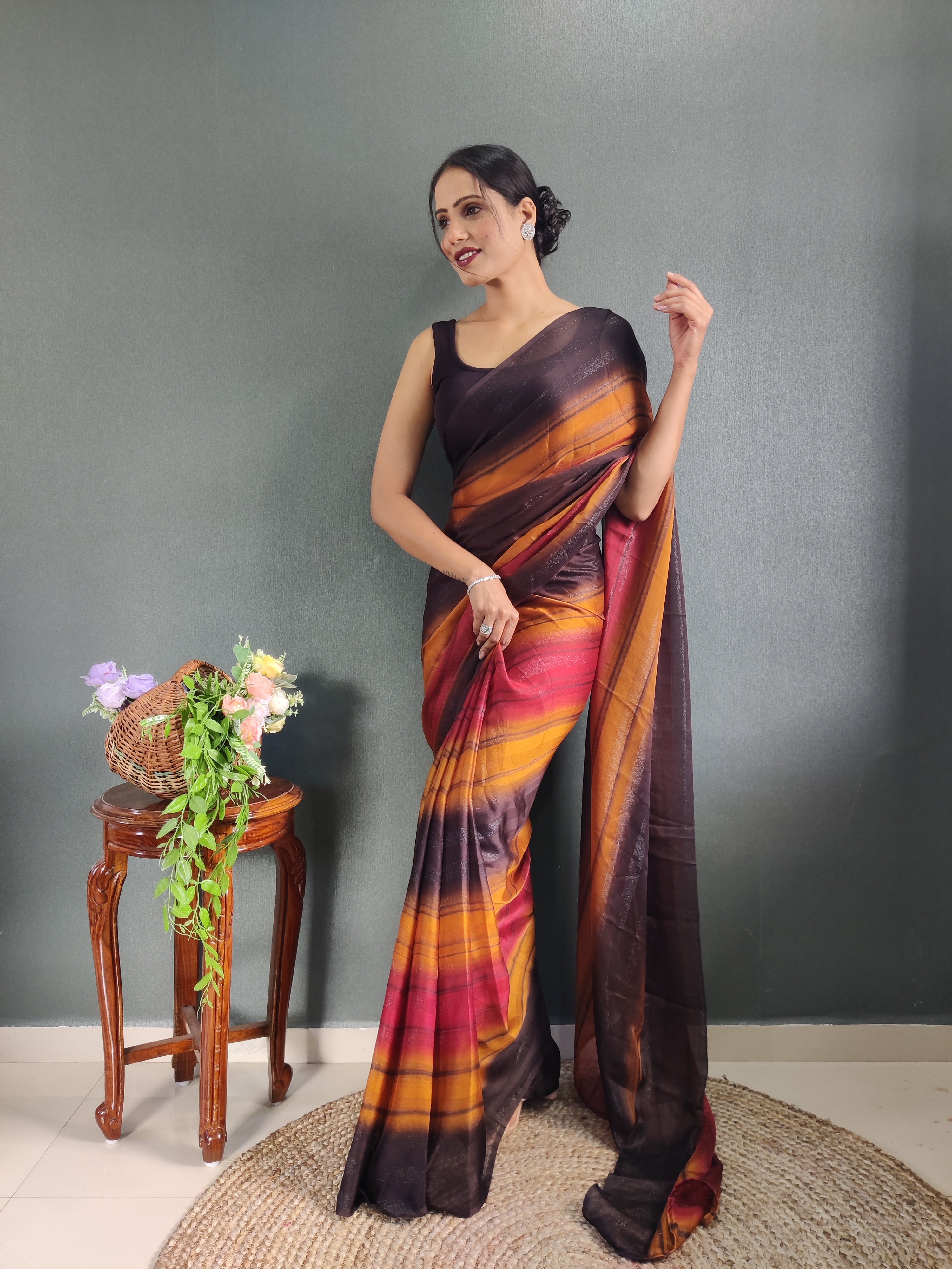 One Minute Ready To Wear New Orange & Brown Bollywood Georgette Sequince Saree