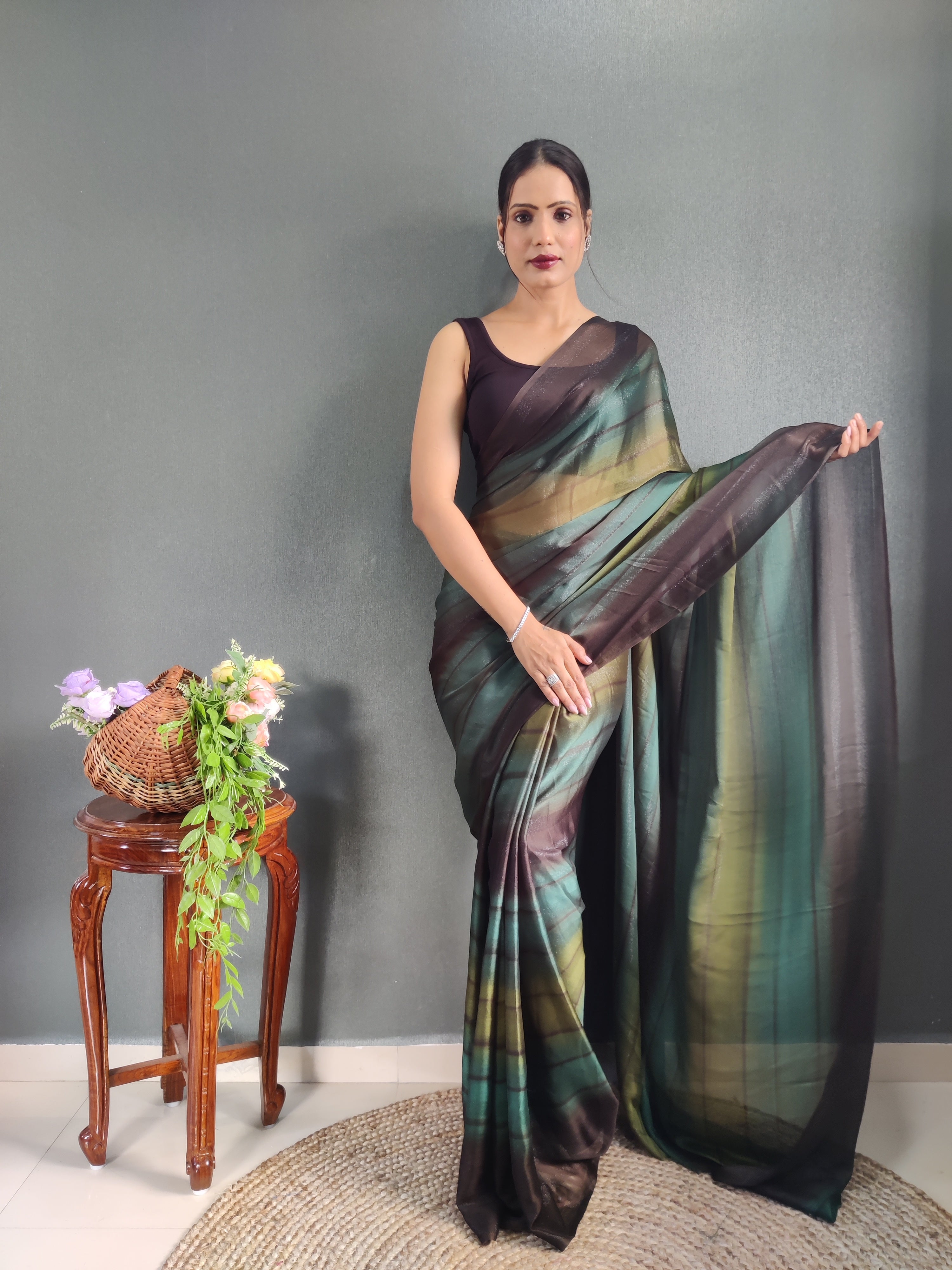 One Minute Ready To Wear New Green & Black Bollywood Georgette Sequince Saree