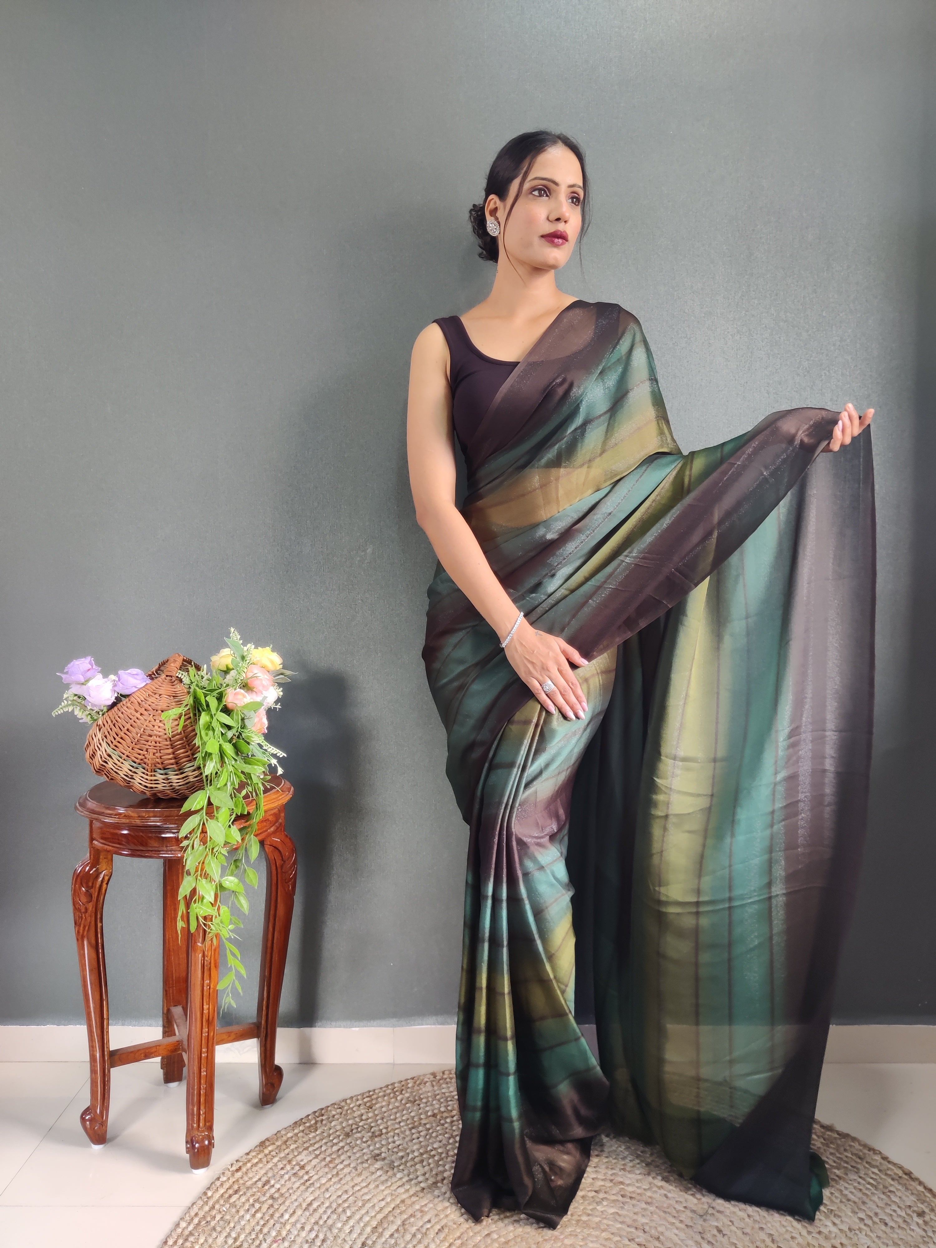 One Minute Ready To Wear New Green & Black Bollywood Georgette Sequince Saree
