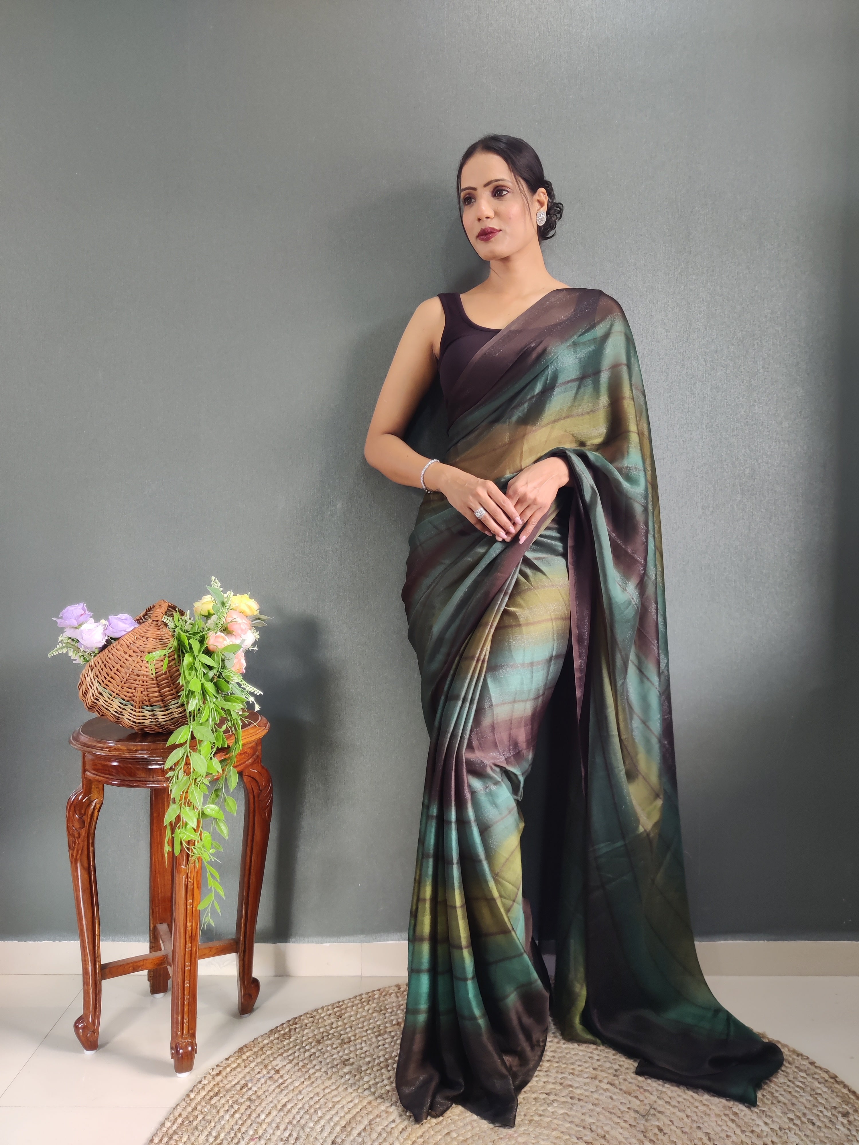 One Minute Ready To Wear New Green & Black Bollywood Georgette Sequince Saree