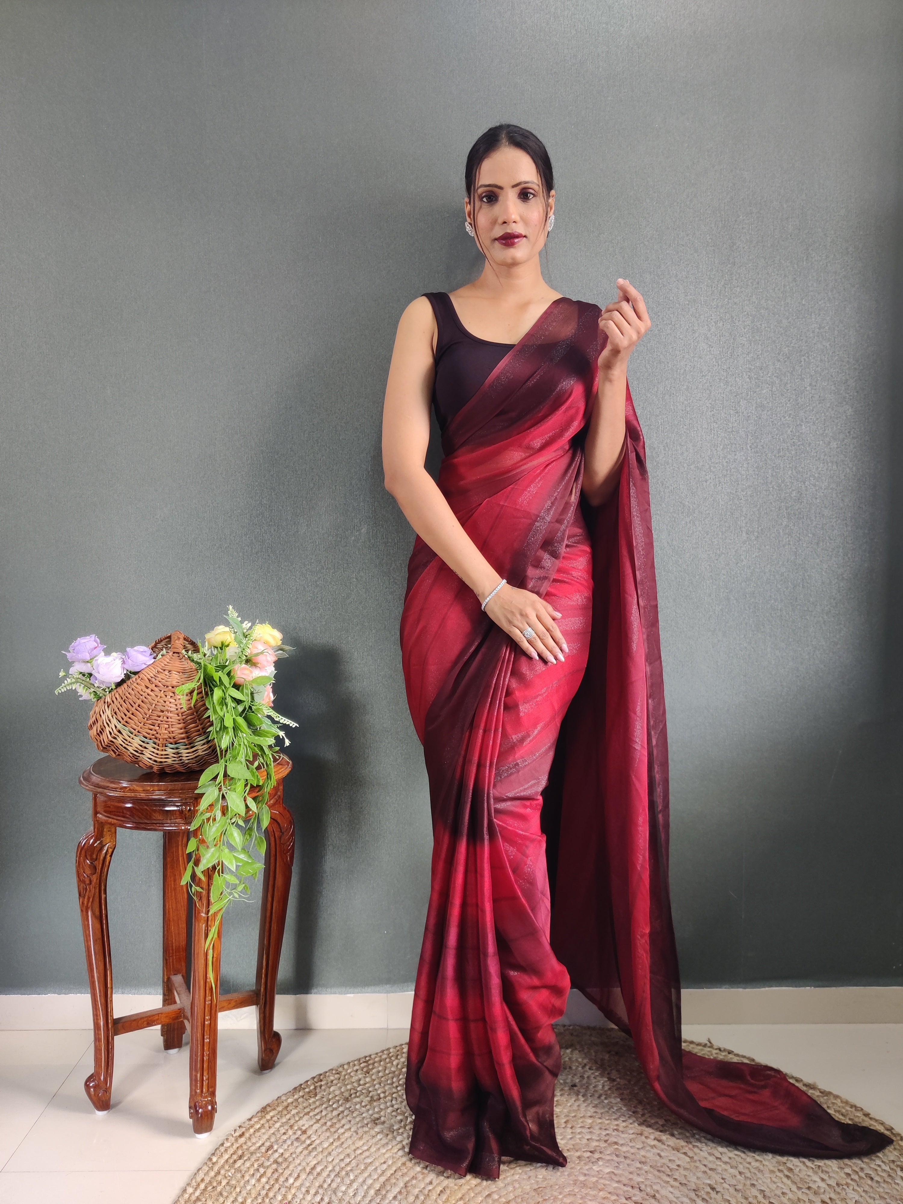 One Minute Ready To Wear New Maroon Bollywood Georgette Sequince Saree