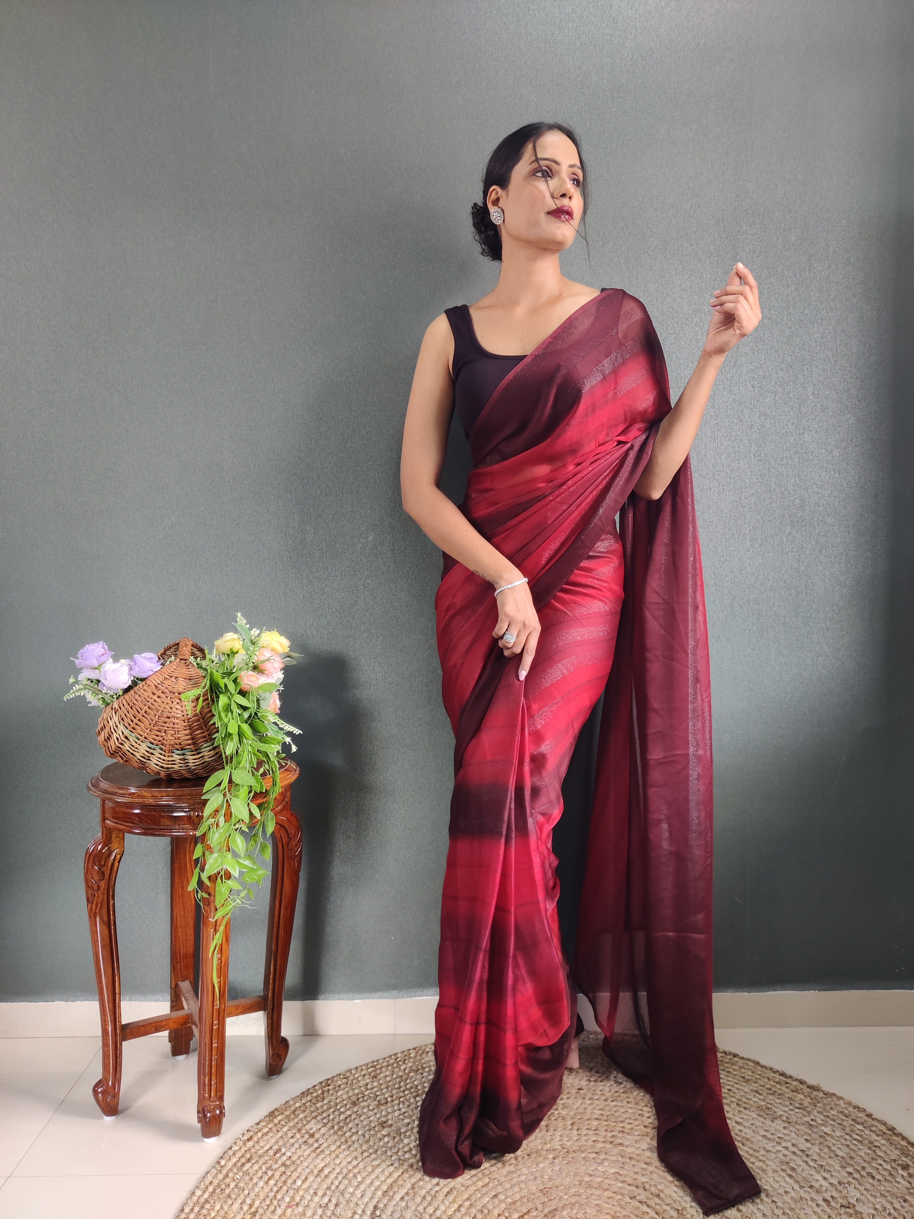 One Minute Ready To Wear New Maroon Bollywood Georgette Sequince Saree