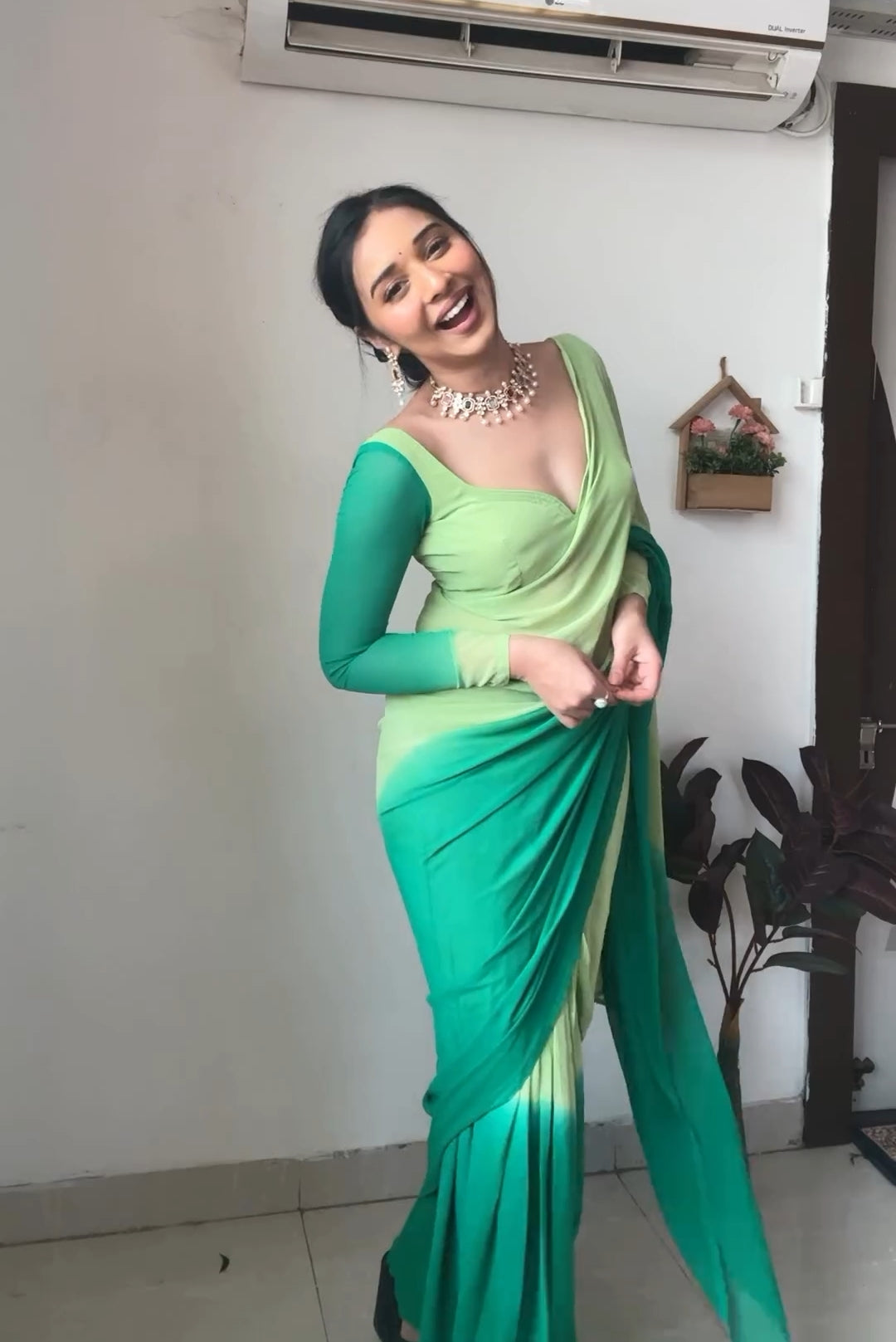 One Minute Ready To Wear Green Blossom Drapery Saree