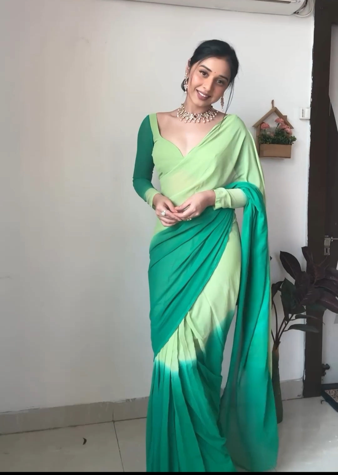 One Minute Ready To Wear Green Blossom Drapery Saree