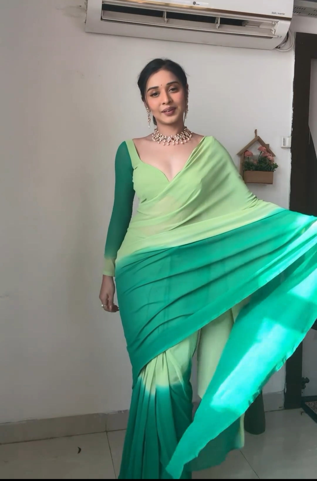 One Minute Ready To Wear Green Blossom Drapery Saree