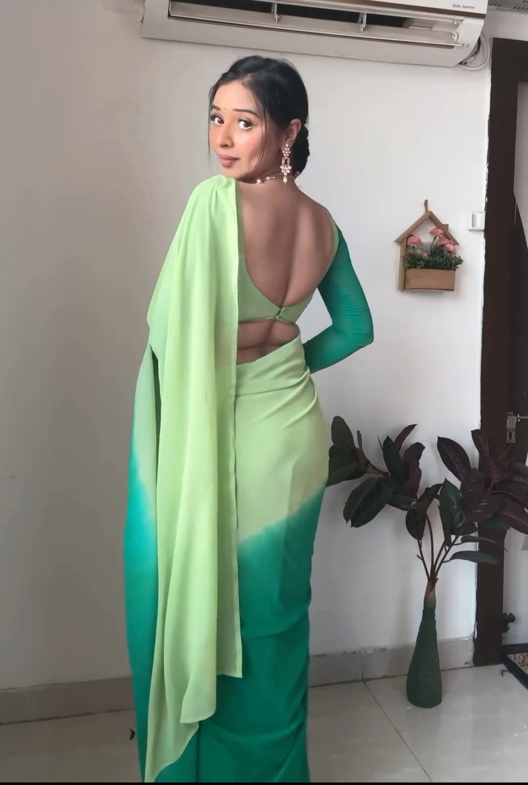 One Minute Ready To Wear Green Blossom Drapery Saree