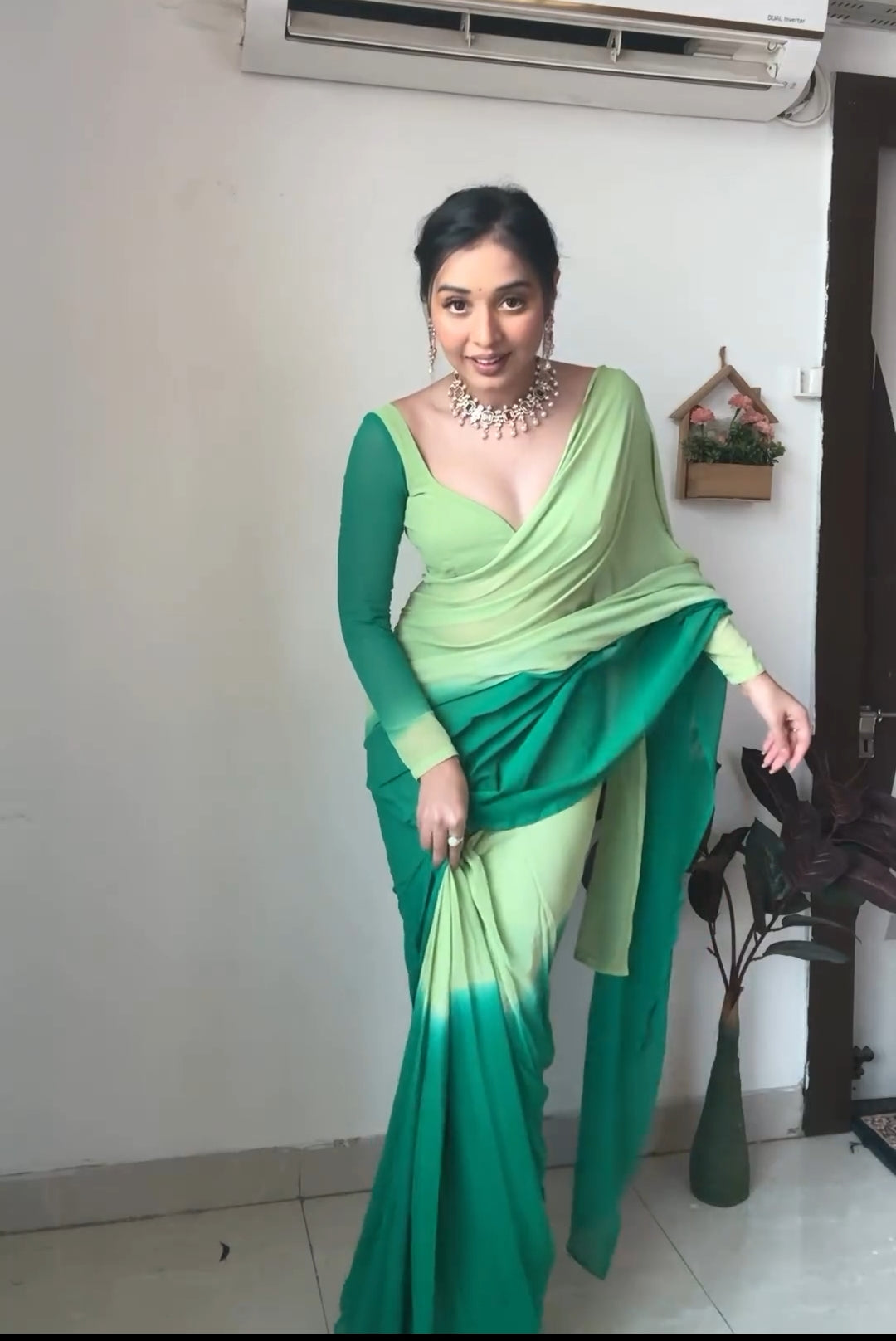 One Minute Ready To Wear Green Blossom Drapery Saree