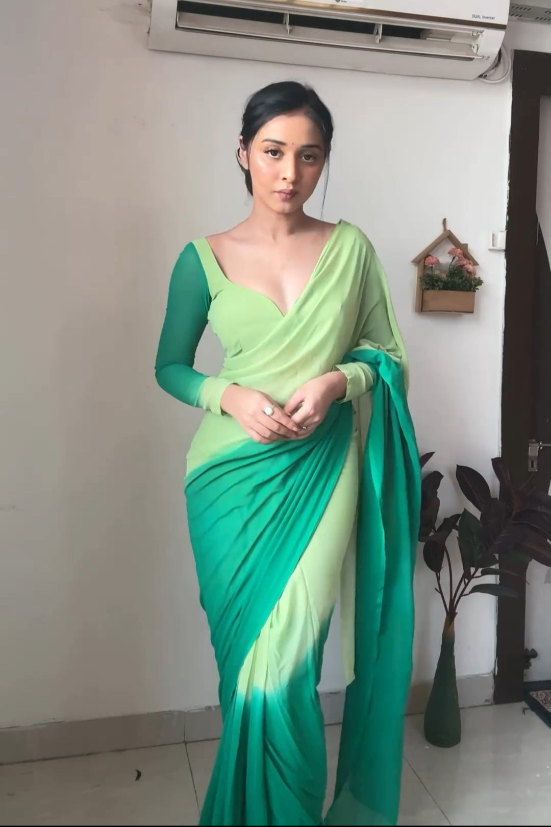 One Minute Ready To Wear Green Blossom Drapery Saree