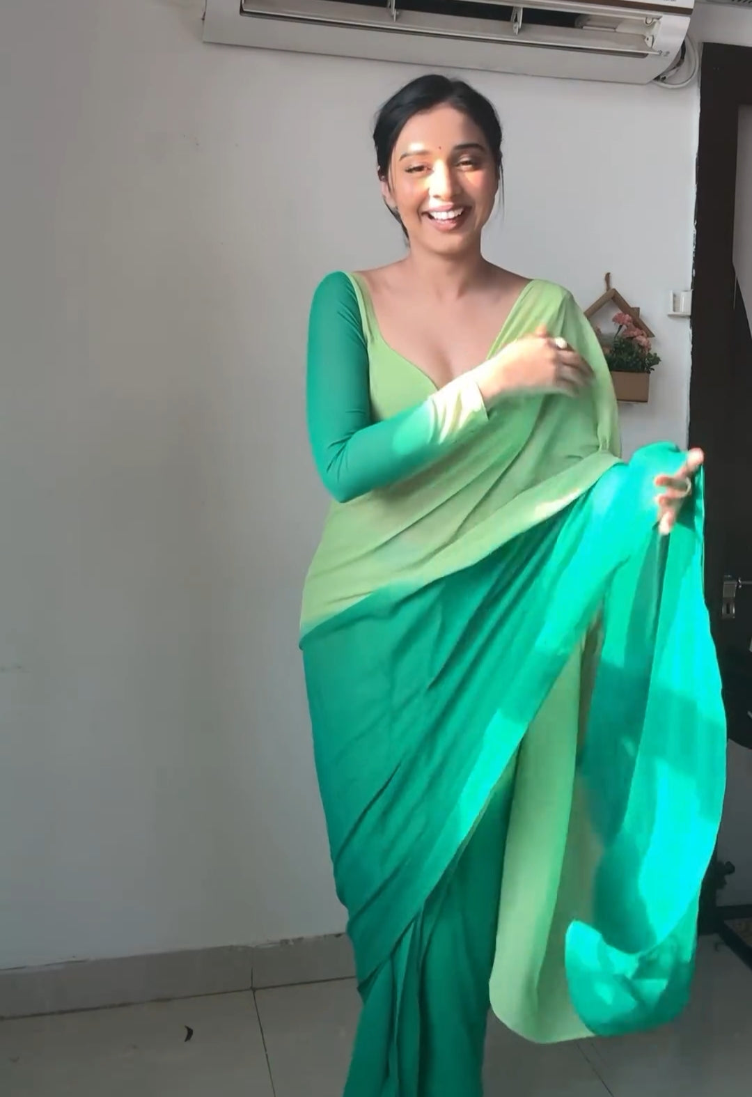 One Minute Ready To Wear Green Blossom Drapery Saree