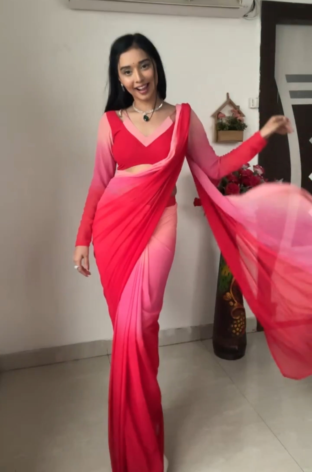 One Minute Ready To Wear Elegant Red Floral Dream Saree
