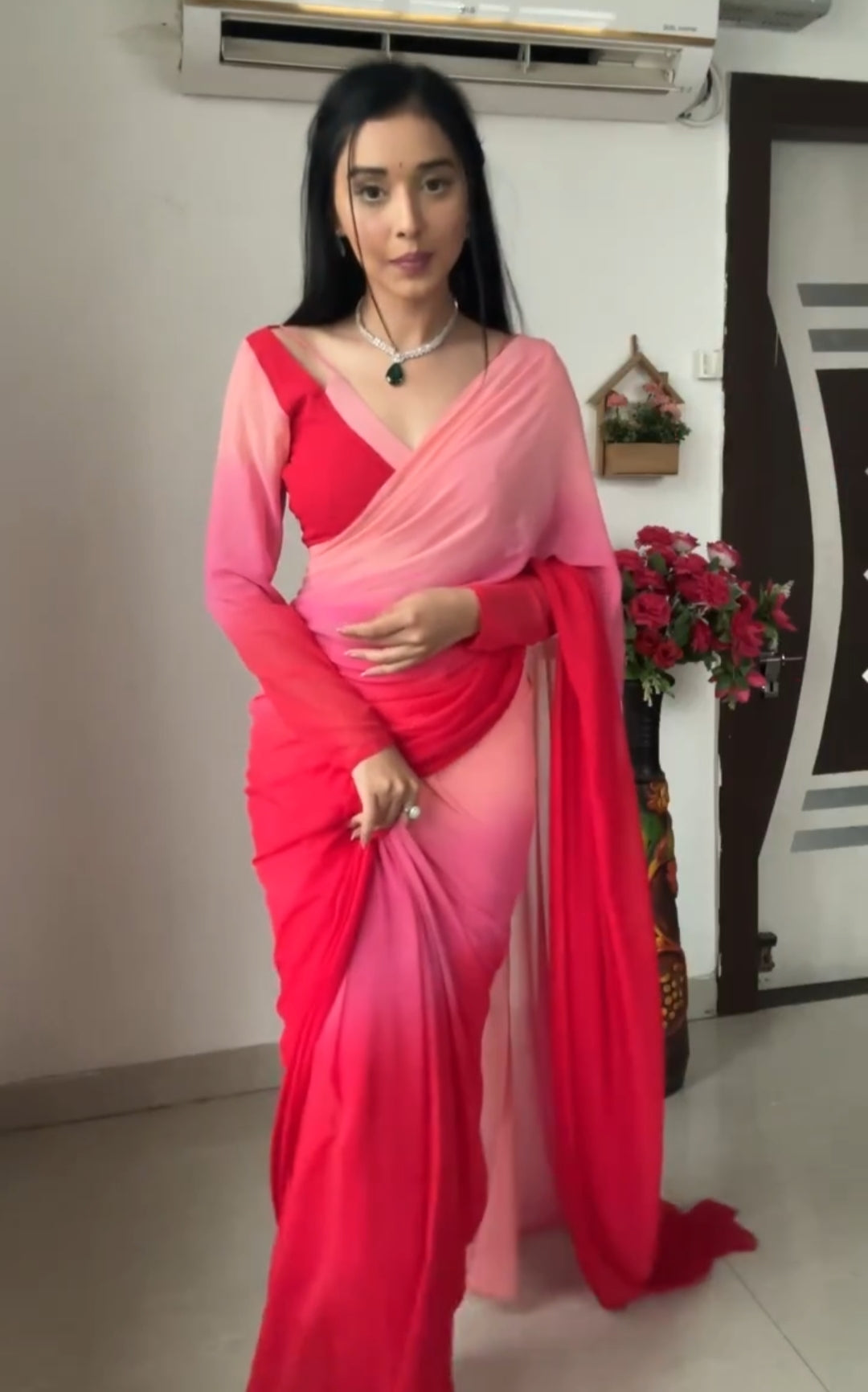 One Minute Ready To Wear Elegant Red Floral Dream Saree