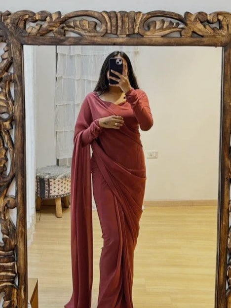 One Minute Ready To Wear Women's Party Dusty Pink Plain Georgette Saree