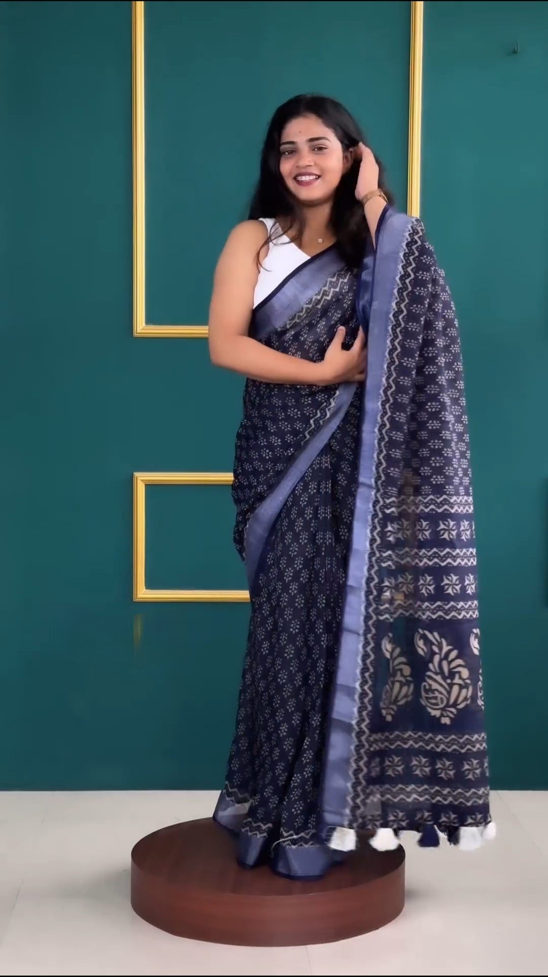 One Minute Ready To Wear Navy Blue Cotton With Printed Work Saree