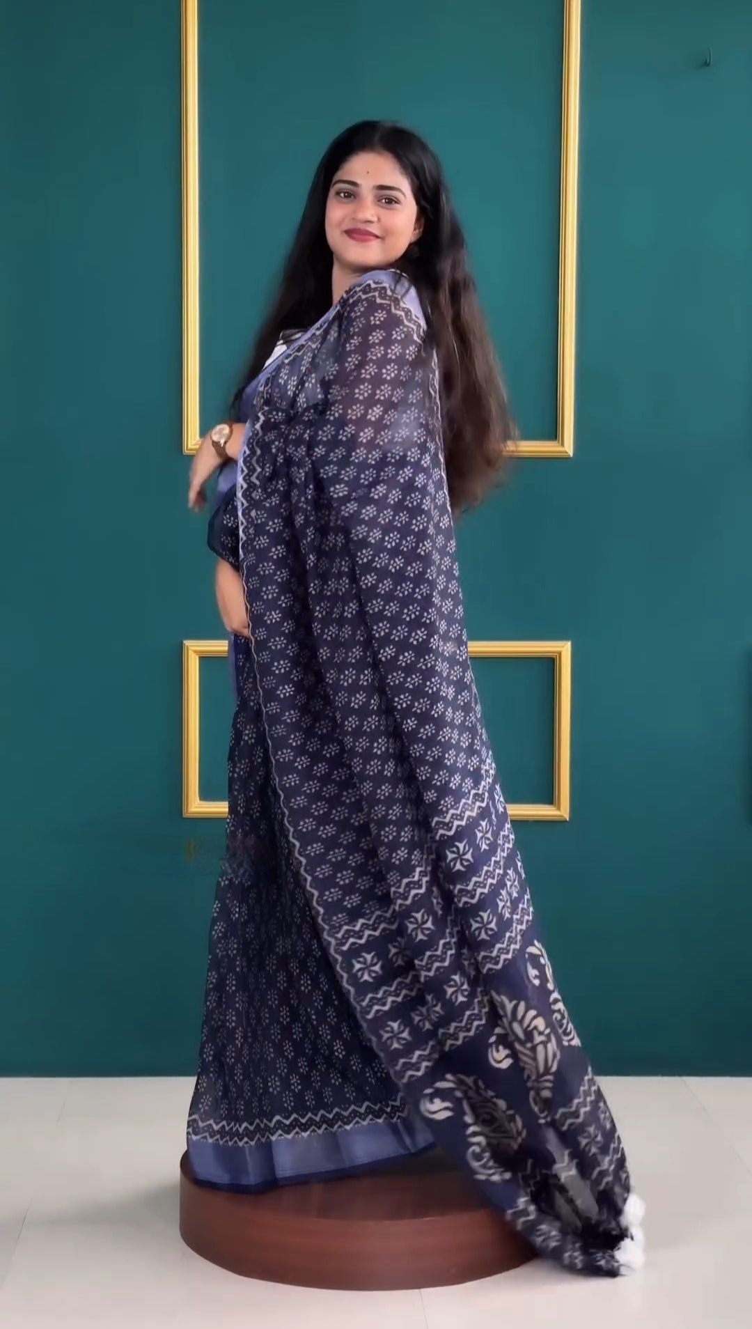 One Minute Ready To Wear Navy Blue Cotton With Printed Work Saree