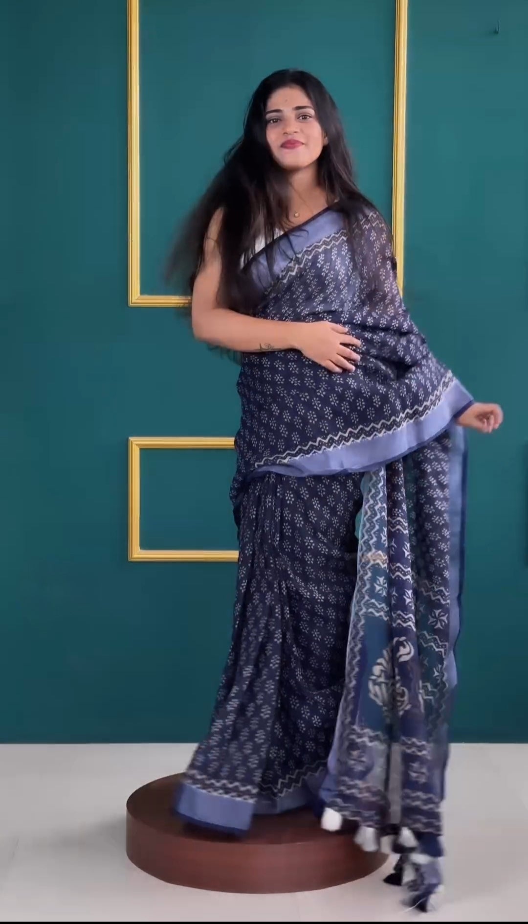 One Minute Ready To Wear Navy Blue Cotton With Printed Work Saree