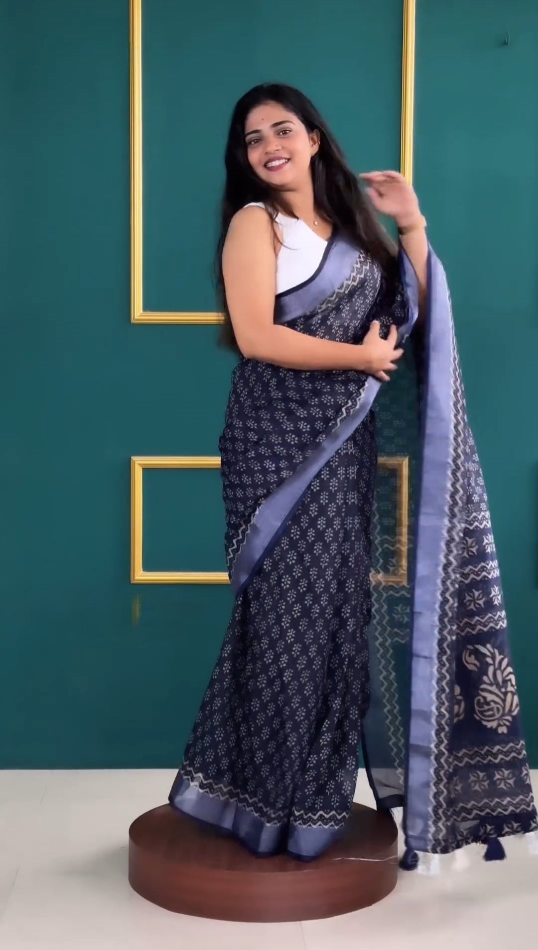 One Minute Ready To Wear Navy Blue Cotton With Printed Work Saree