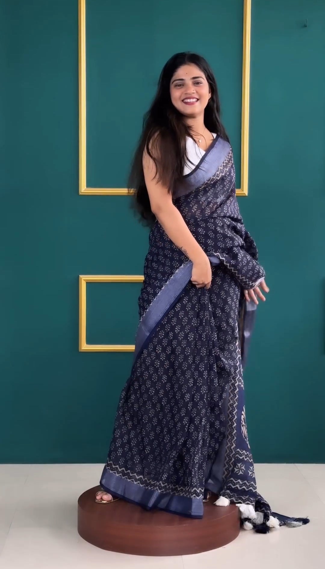 One Minute Ready To Wear Navy Blue Cotton With Printed Work Saree