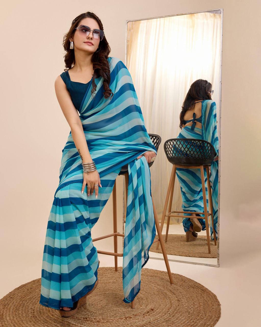 One Minute Ready To Wear Aqua Blue Women Striped with Contrast Border Saree