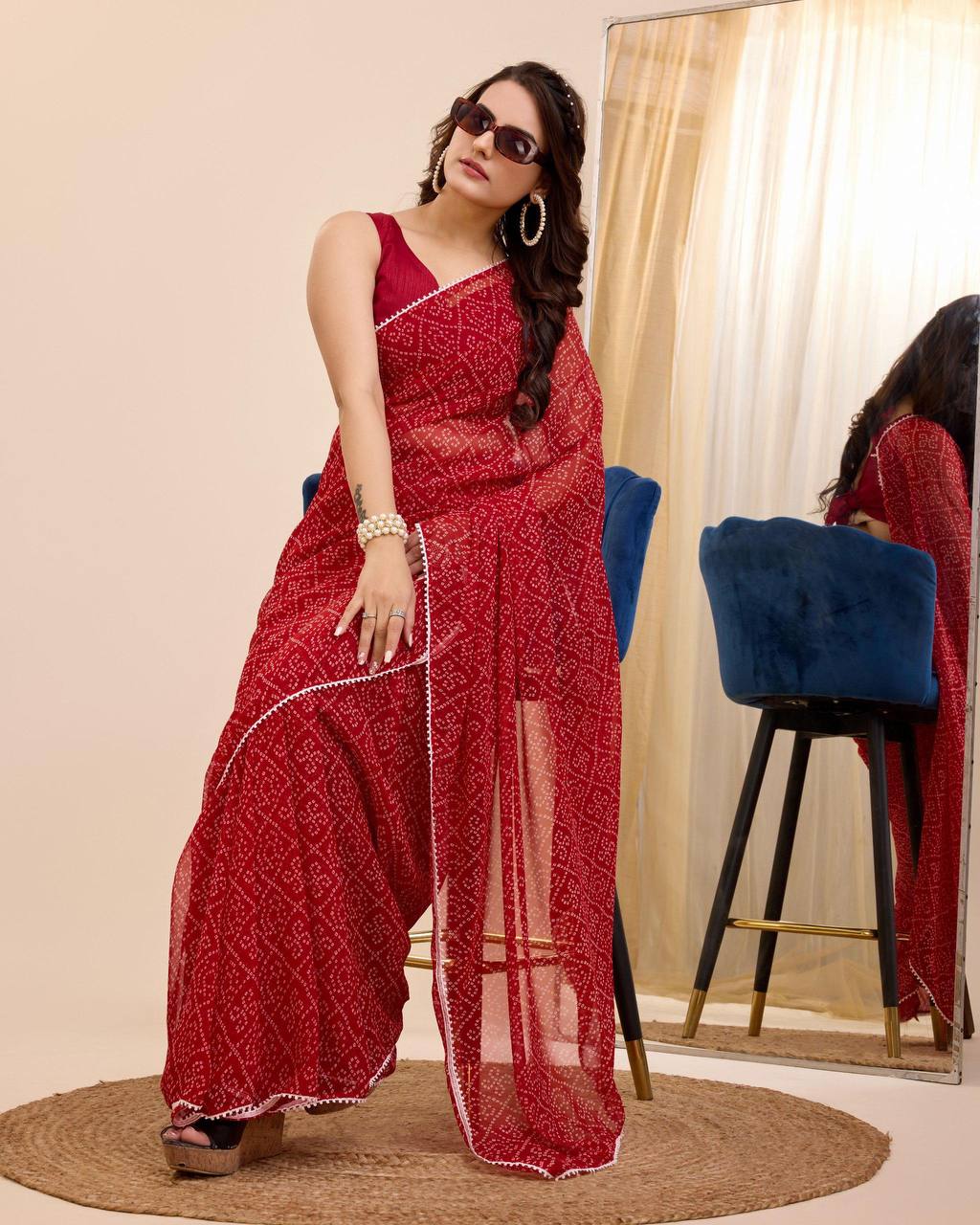 One Minute Ready To Wear Red Women Striped Saree