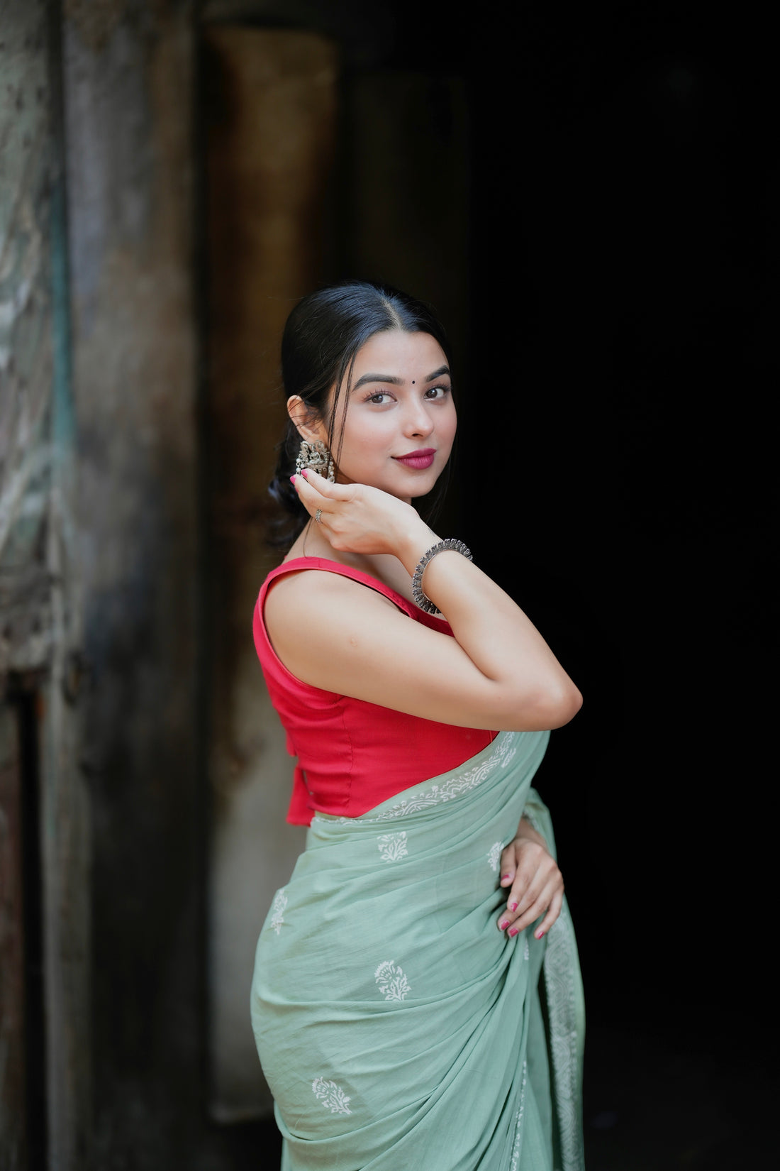 One Minute Ready To Wear Bottle Green Color Mulmul Cotton With Pocket Saree